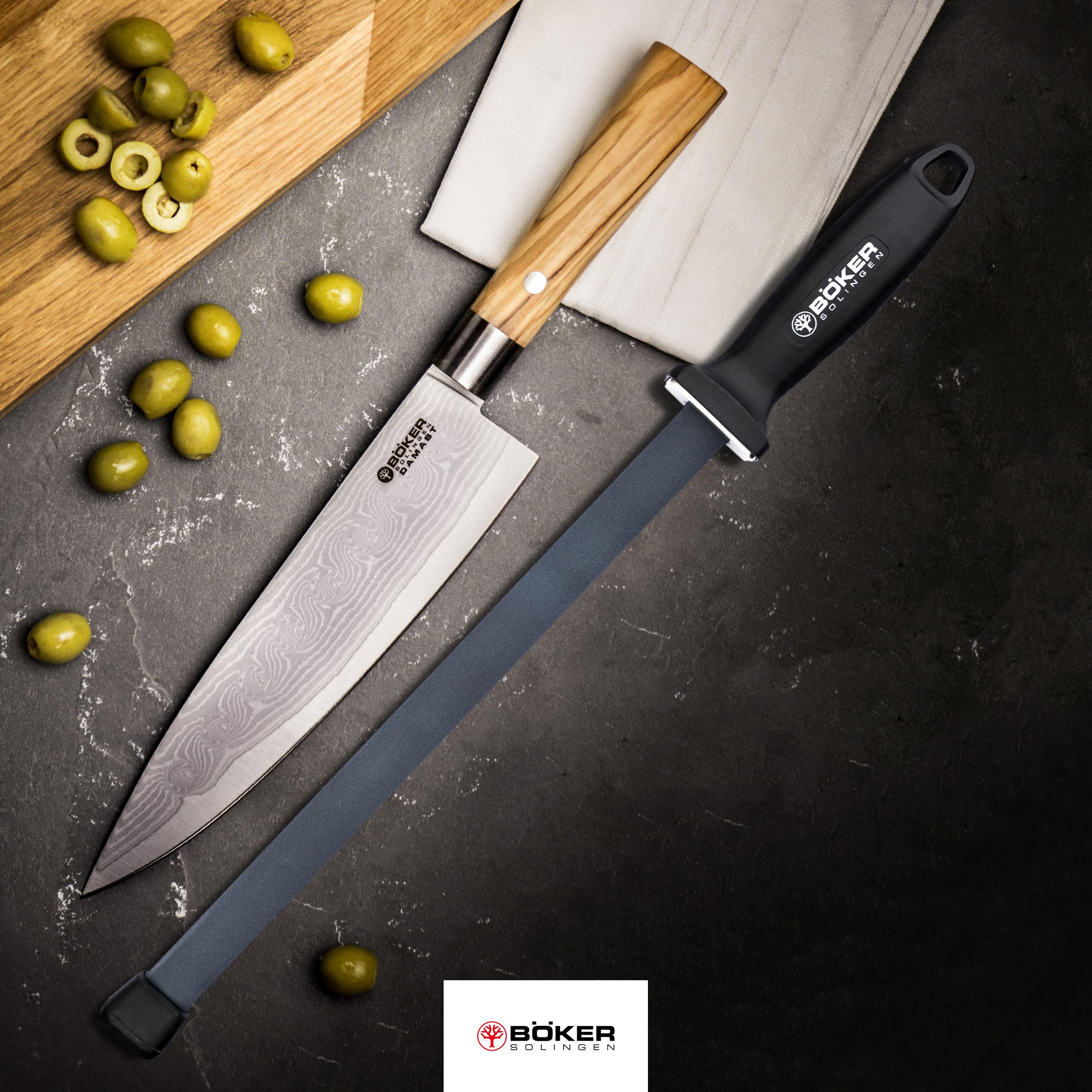 BÖKER SOLINGEN® Keramik Schleifstab für Messer - Abziehstahl mit Klinge 28 cm lang - Profi Wetzstahl oval mit Winkel-Hilfe 20° - Küchen Wetzstab Messer-Schärfer mit mittlerer Körnung 1000