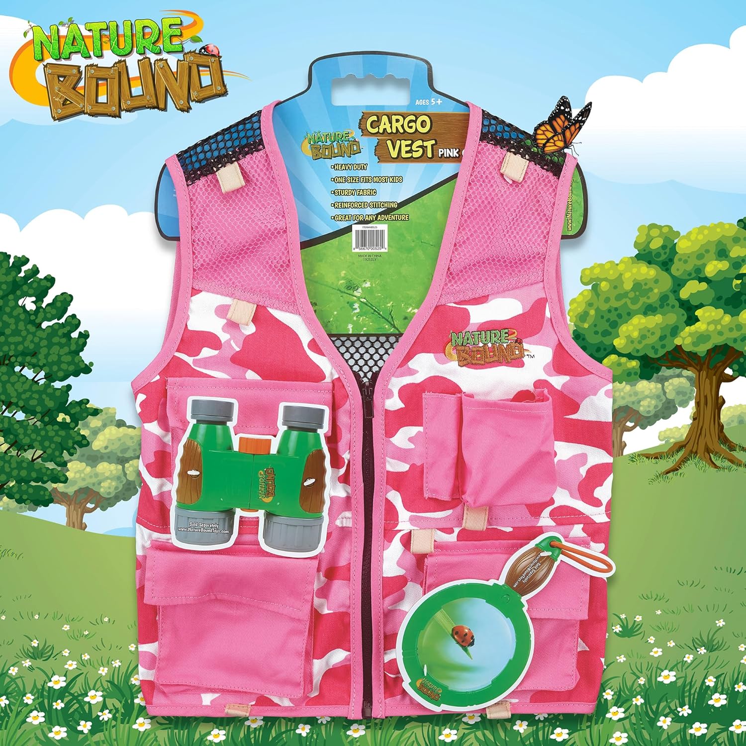 Nature Bound Explorer Kids Cargo Vest for Fishing, Troops, Boating, Outdoor Play, or Safari Costume. Pink Camouflage Print with Four Pockets, Fits Most Girls Ages 5-8, (Model: NB525)