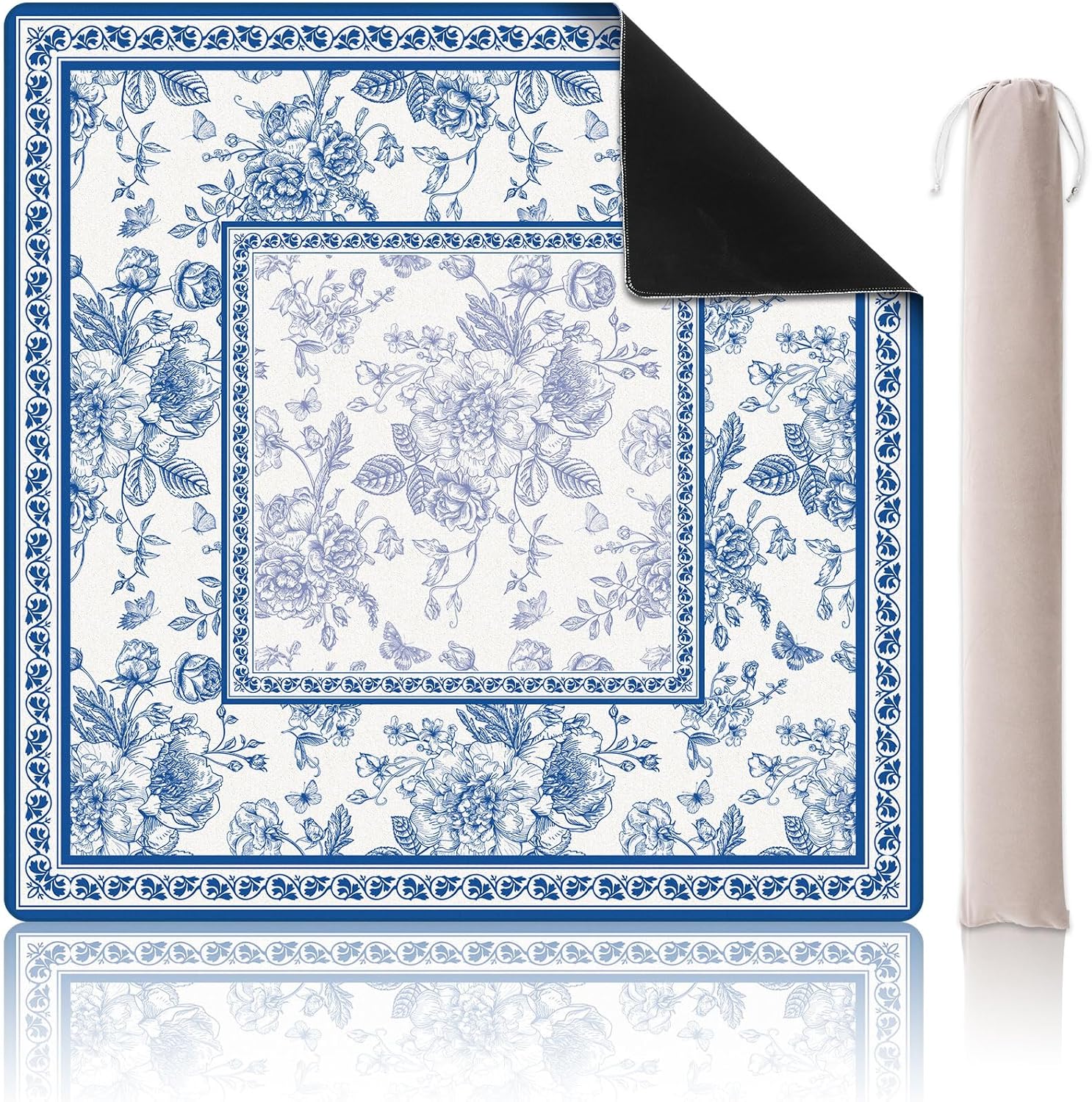 JarThenaAMCS Chinoiserie Mahjong Mat with Carrying Bag 31.5" x 31.5" Blue Flower Table Mat Vintage Floral Non-Slip Game Table Cover for Card Board Tile Games