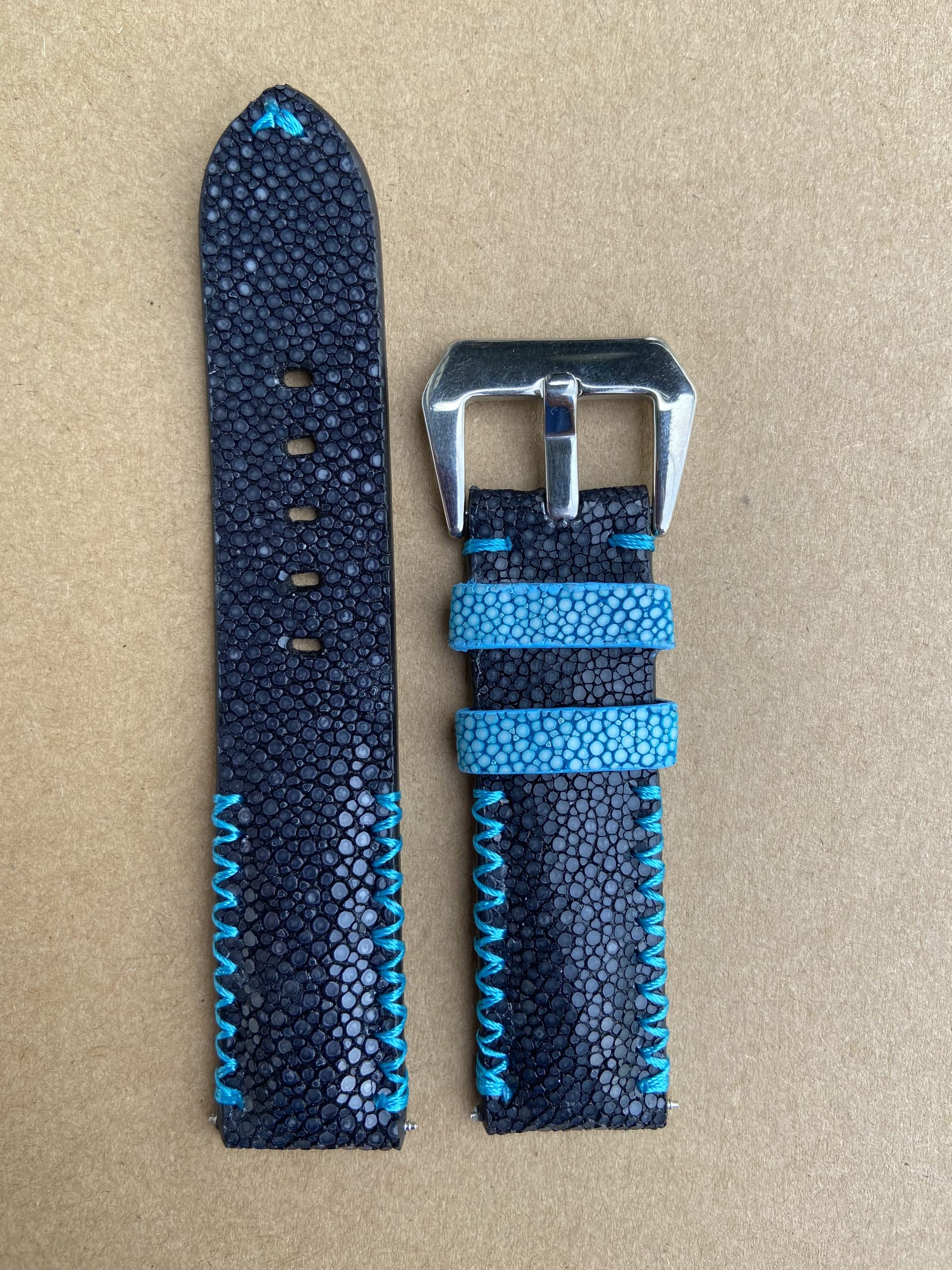 Genuine Black Stingray Leather Skin Watch Strap Band, Handmade Watch Strap Band Match All Watch, Custom Watch Strap Band 14mm 15mm 16mm 17mm 18mm 19mm 20mm 21mm 22mm 23mm 24mm 25mm, 26mm (18mm/16mm)