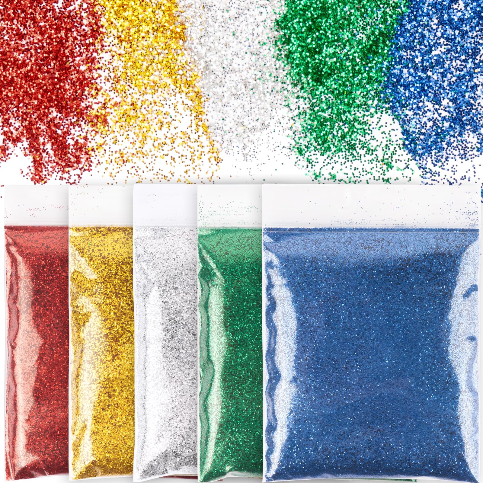 BOOMTOP 100g Purpurina Manualidad Colorida, Purpurina Dorada Verde Rojo Plateado Azul, Purpurina DIY Navidad Glitter Manualidad, Brillantina Navidad Cuerpo Cara Uñas Pintura Decoración, 5 Colores, 20g