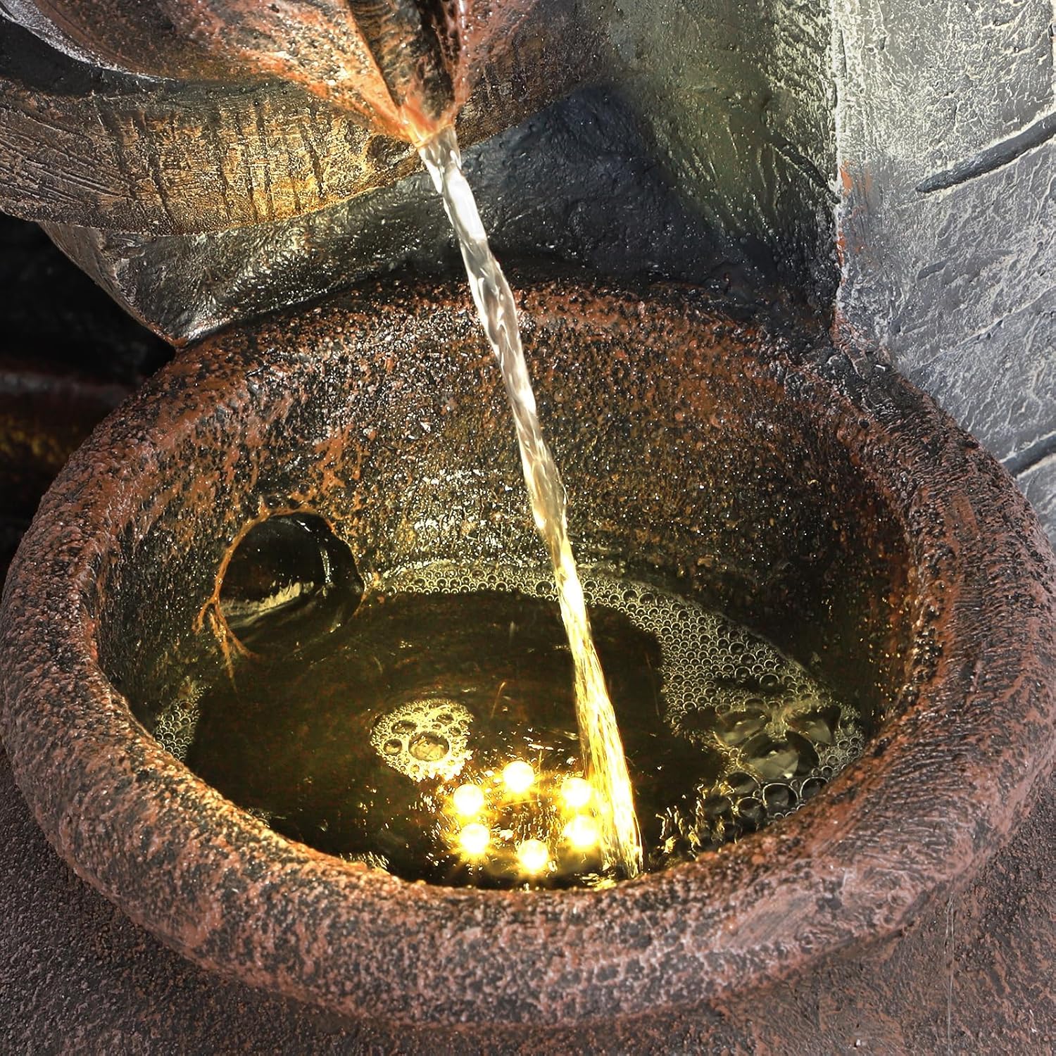 LEISU 6-Tiers Outdoor Indoor Fountains Modern Resin Floor-Standing Cascading Water Feature Fountain with LED Lights, Garden Deck Patio Porch Backyard Court