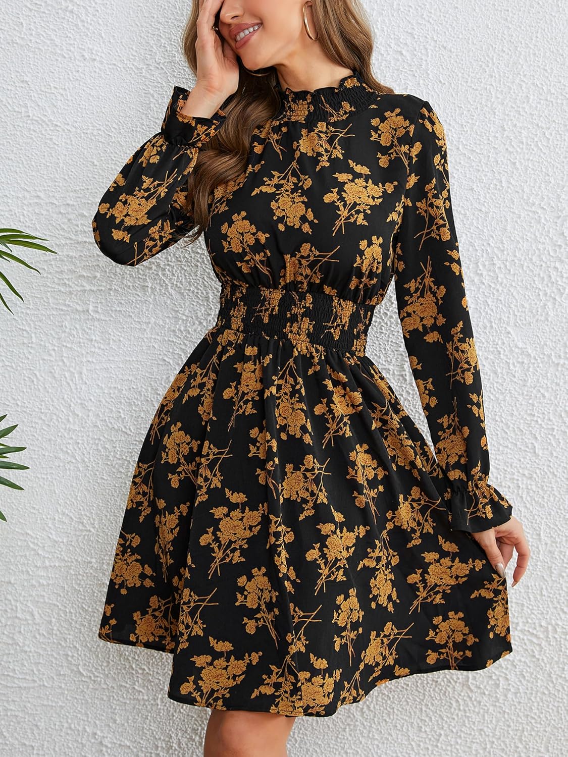 Women Long Sleeve Fall Wedding Guest Dress 2024 High Neck Flowy Smocked Dresses - Image 4