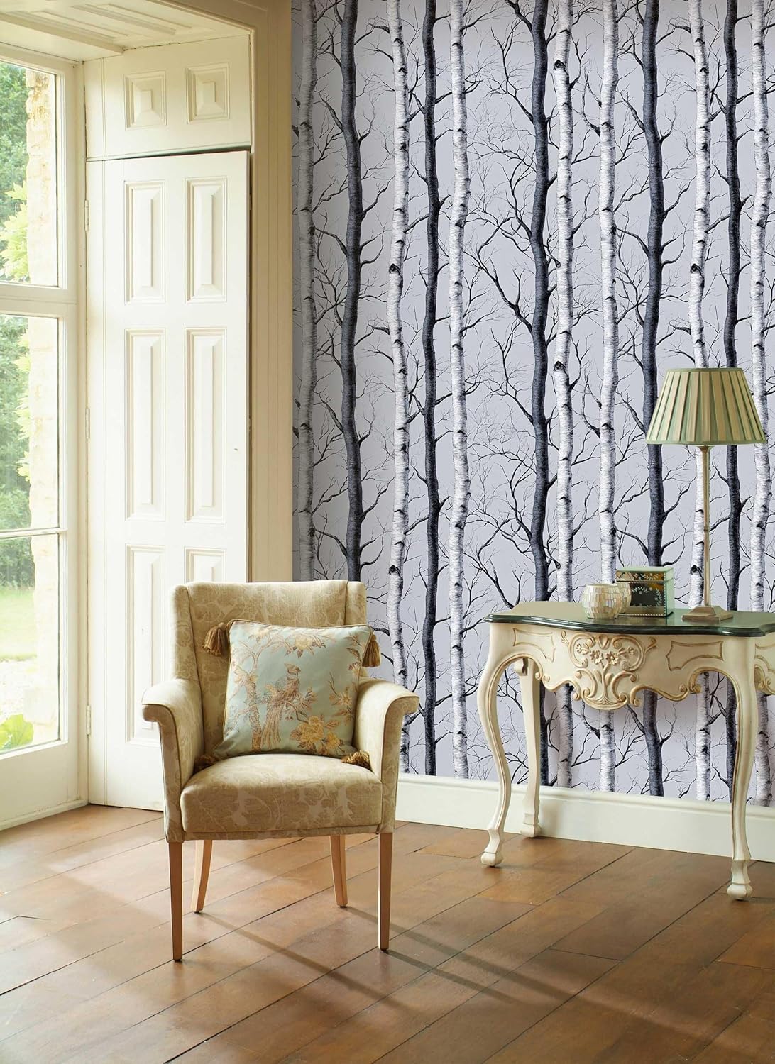 Monochrome Birch Tree Wallpaper – Modern Forest Peel and Stick Wallpaper, Self-Adhesive Vinyl for Nature-Inspired Home Decor, 17.7in x 236in