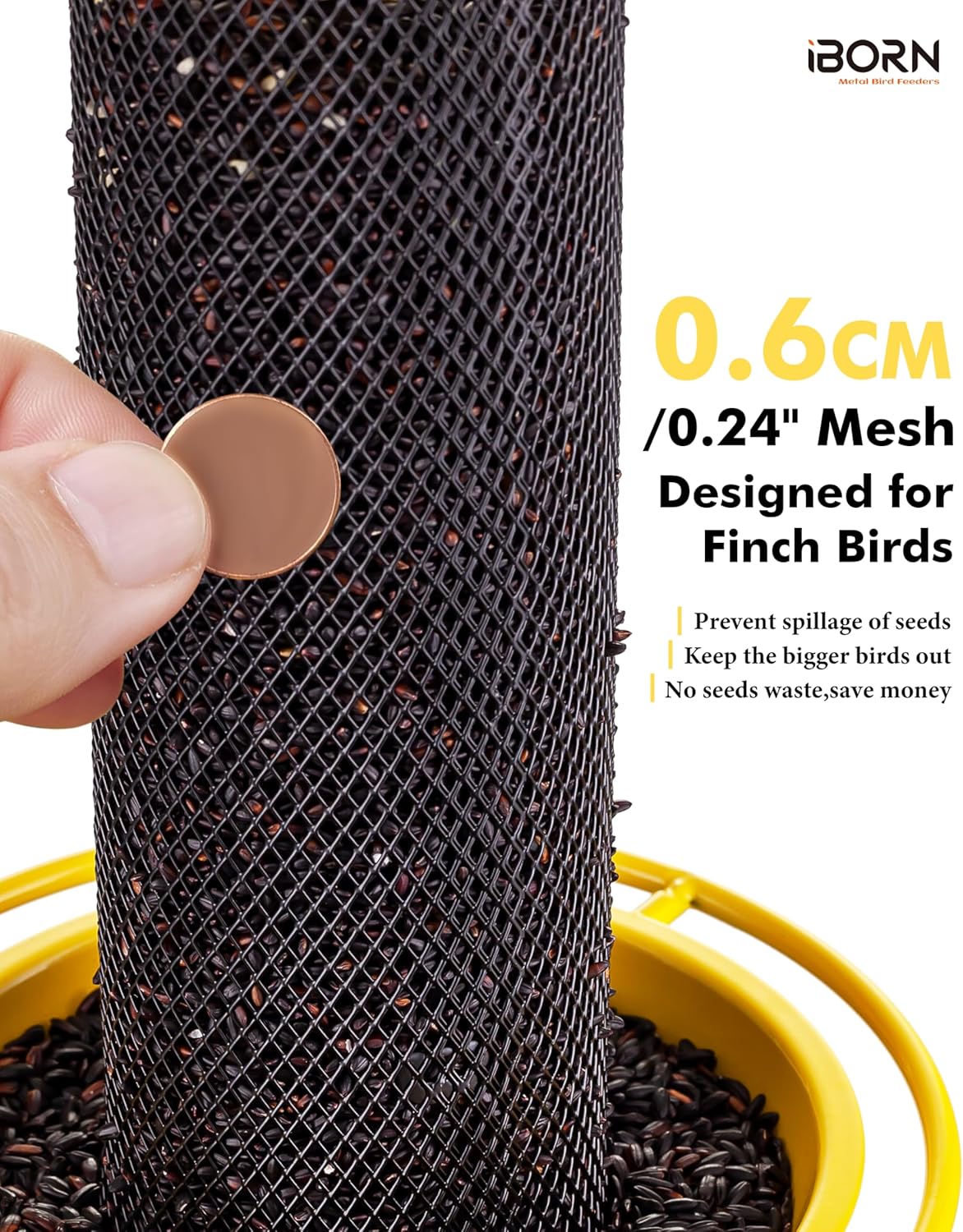 iBorn Finch Feeders for Outside,Thistle Bird Feeders for Outdoors Hanging,Nyjer Seed Feeder,Metal Mesh Tube Bird Feeder 13.5 Inch with 17cm Weatherproof Large Roof and Tray,2 LB Capacity,Yellow