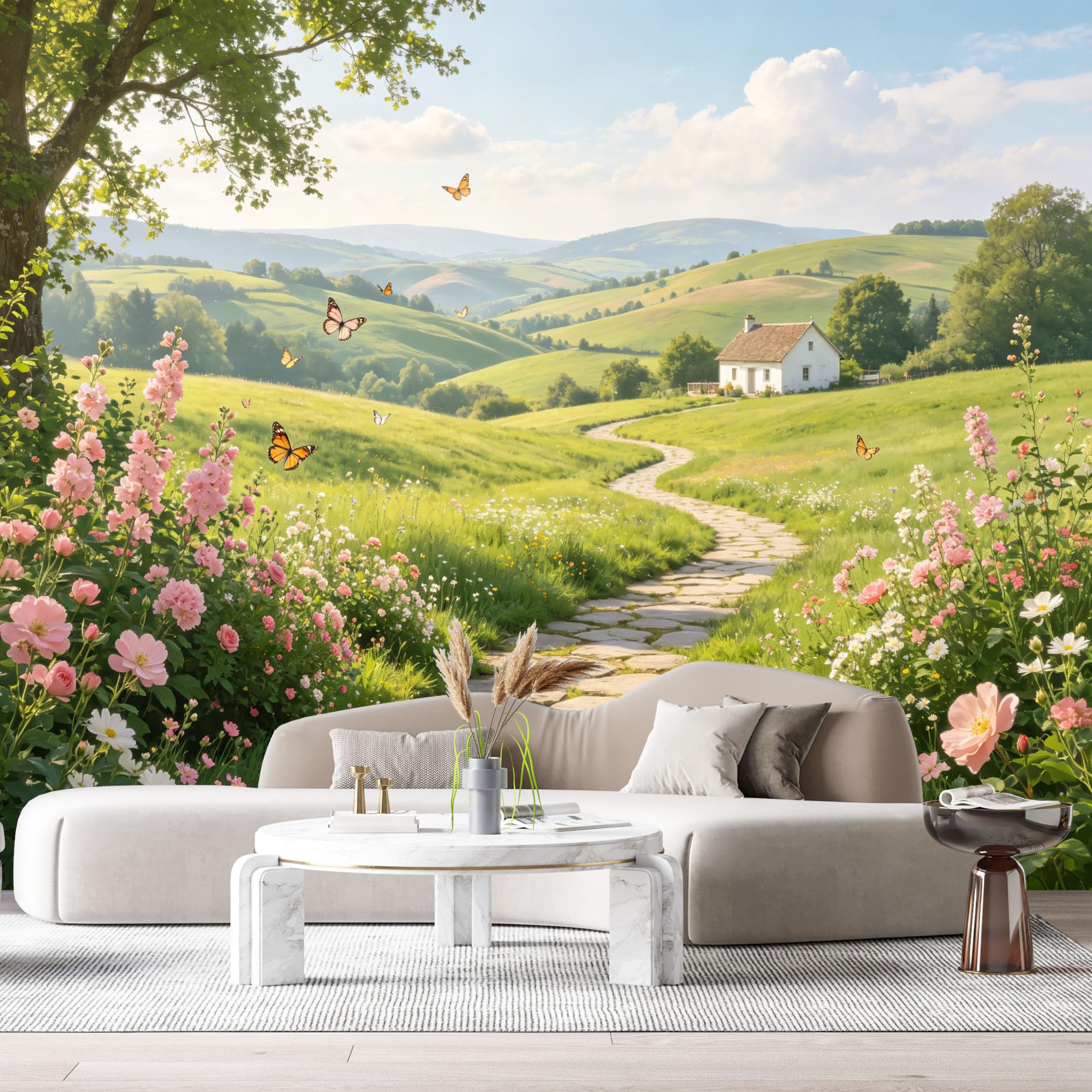 Custom Size Wall Murals Farmhouse Landscape Oil Painting Rolling Hills Stone Path Spring Flowers Butterfly Squirrel SelfAdhesive Wall Fabric Removable Large Wallpaper for Photo Living Room