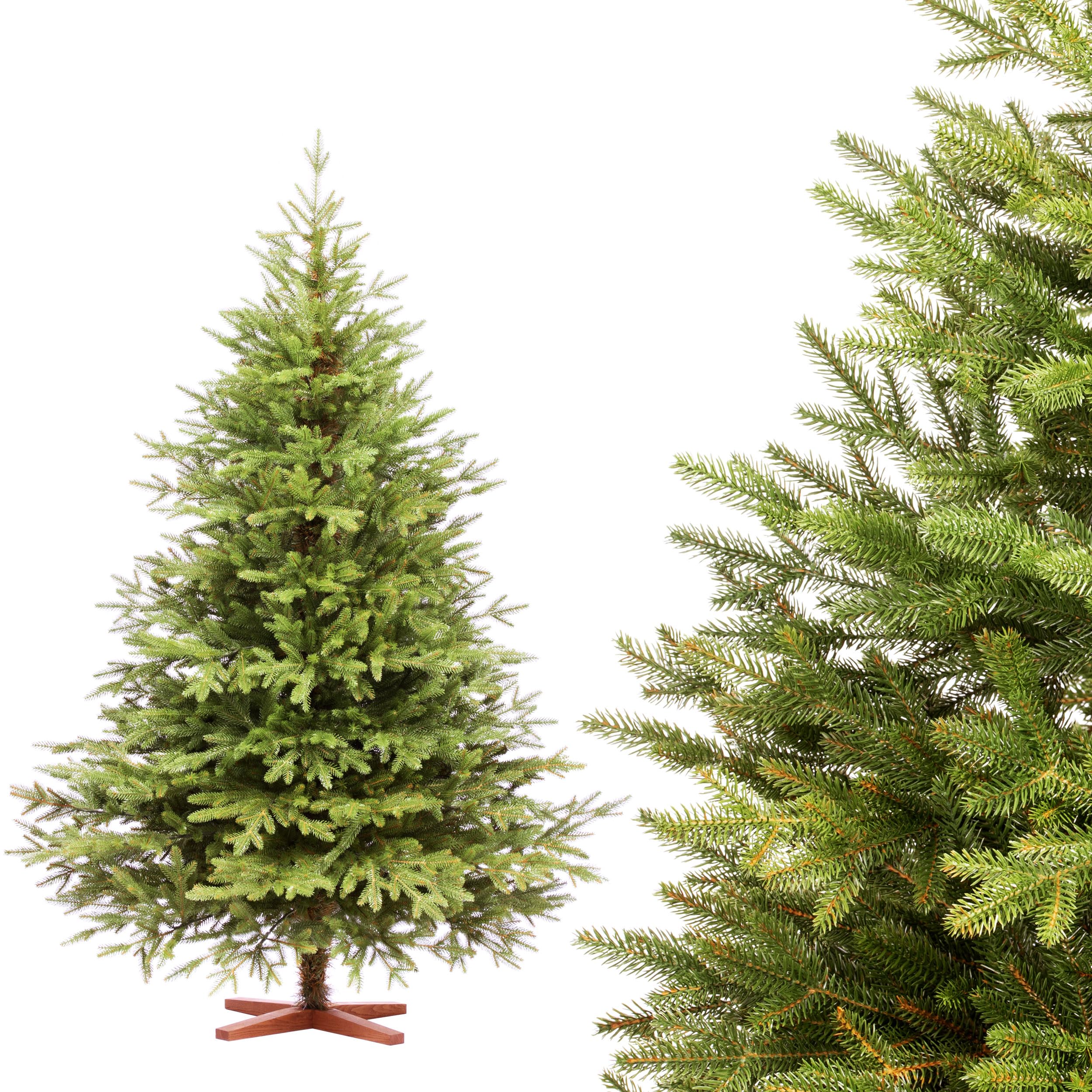 FAIRYTREES Sztuczna choinka 180 cm, jodła Nordmanna, ekskluzywna, 100% polietylen, drewniany stojak na choinkę, wyprodukowano w UE, sztuczna choinka z naturalnymi elementami formowanymi wtryskowo
