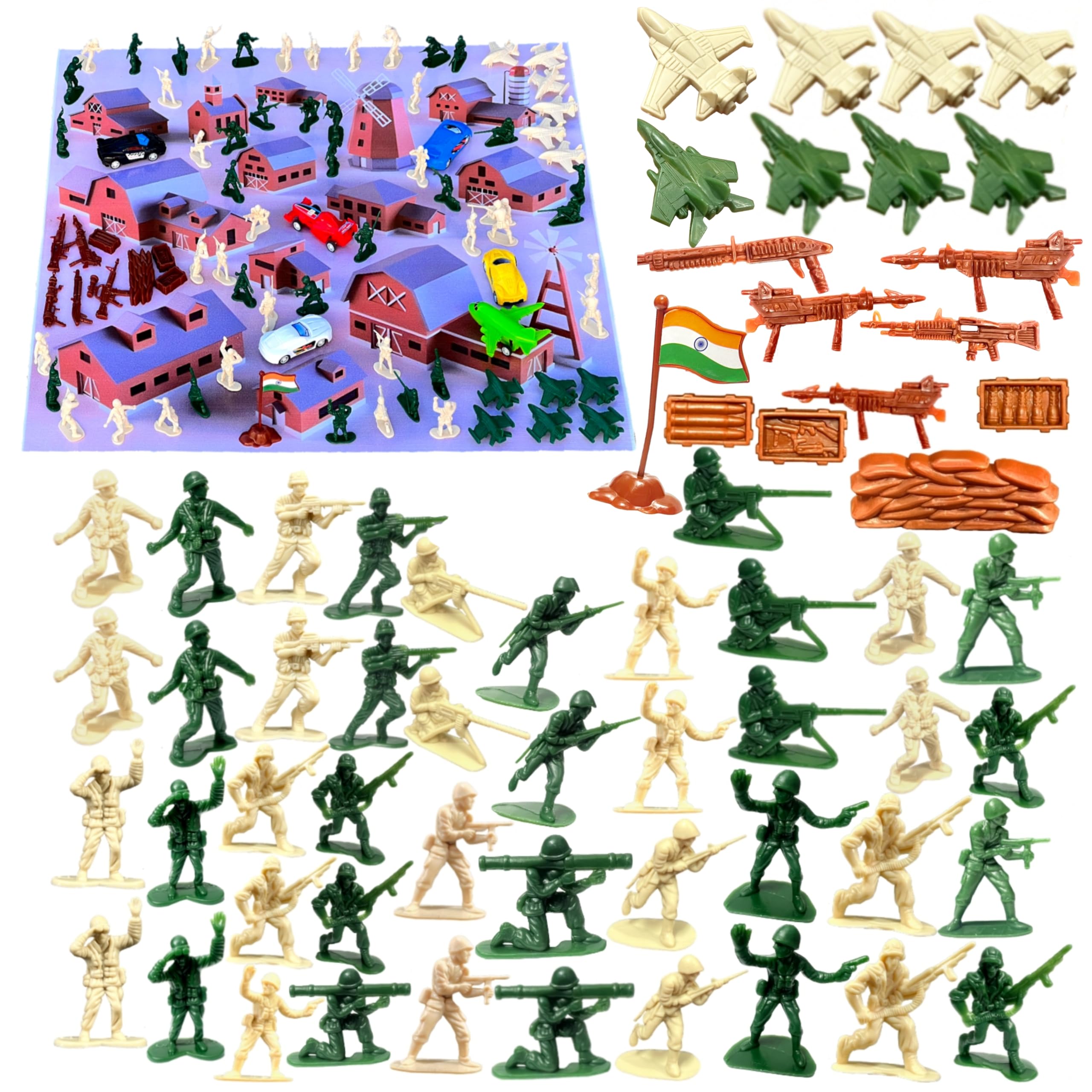 Mini Gifts - Army Toy Set, with 44 Army Men, 6 Pull-Back Vehicle, 10 Fighting Jet, 5 Guns, 3 Small Box, 1 Wall, 1 Indian Flag and 1 3D Foldable Map (60cm X 60cm) 3D Map Model - J