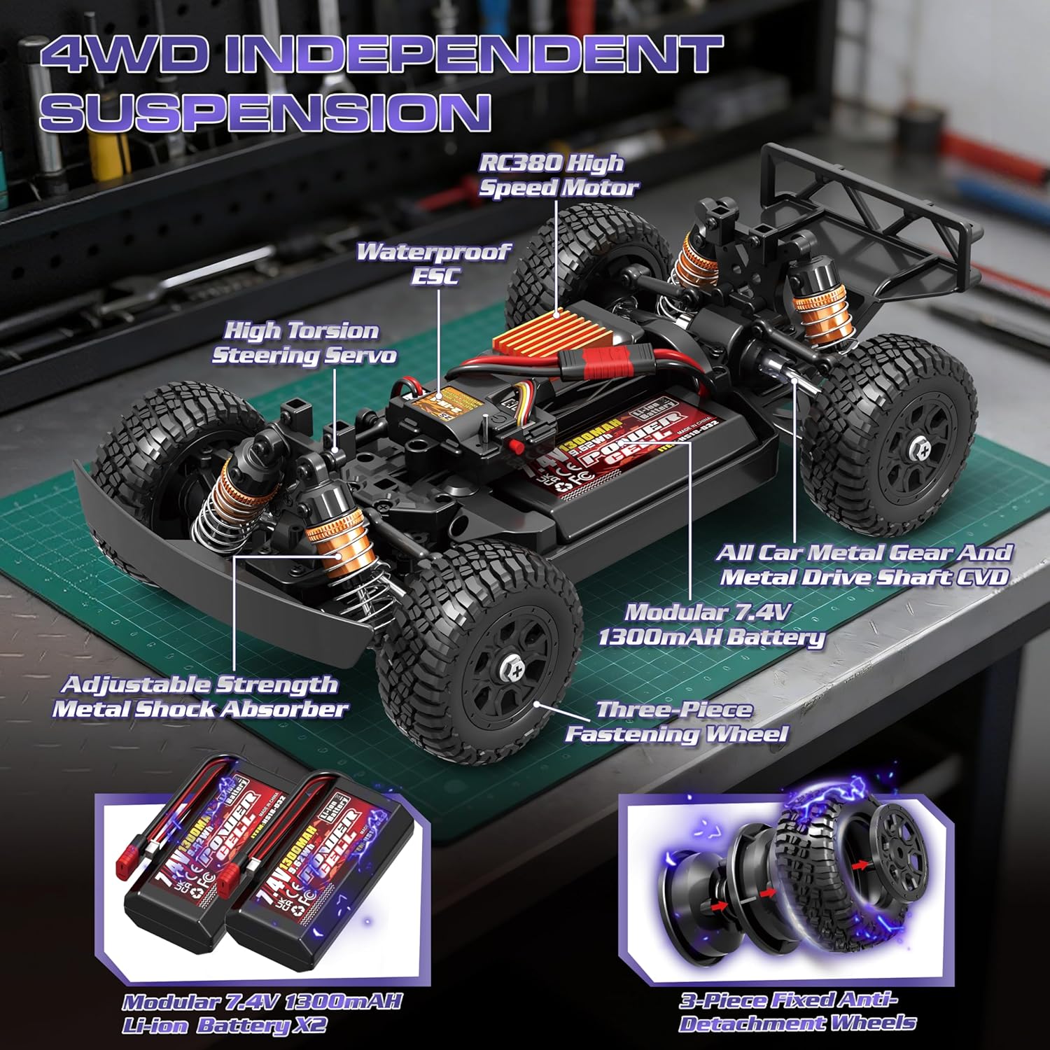 Remote Control RC Cars 1:16 Monster Truck Toys Cars for Adult & Boys, 4WD Off-Road, Metal Transmission Parts, High Speed Fast 40+ KPH, 4X4 Waterproof with 2 Rechargeable Batteries (HS16-83)