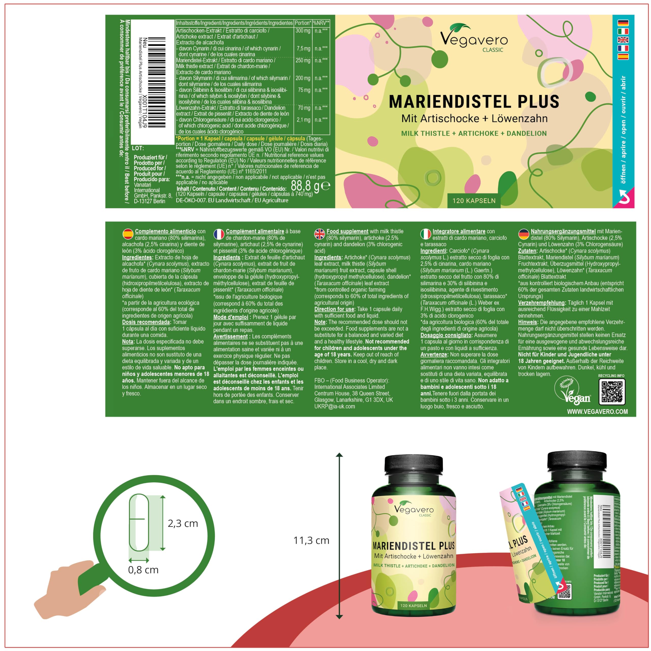 Cardo Mariano + Alcachofa + Diente de León | 120 Cápsulas | ALTA DOSIS con 80% Silimarina | DETOX HIGADO | Vegano & Sin Aditivos | Vegavero
