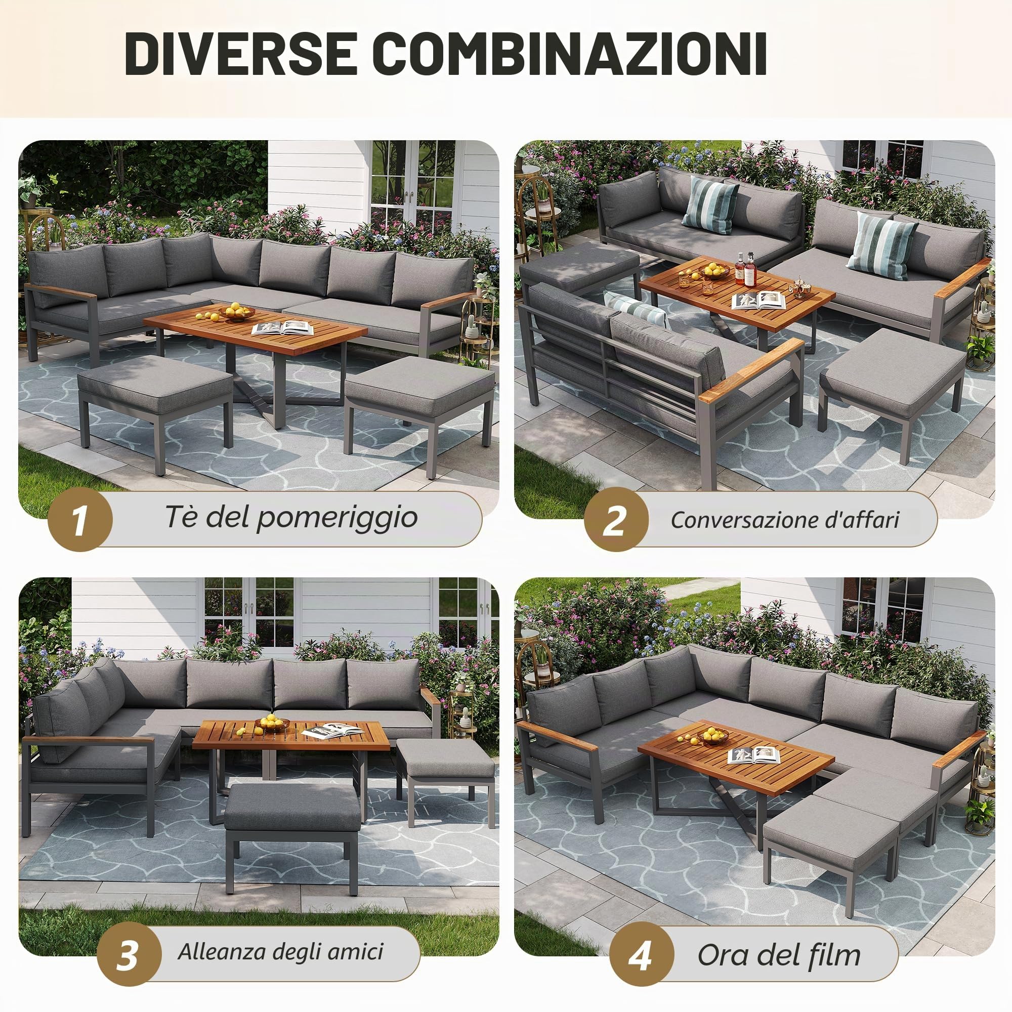 Set di mobili da giardino per 7 – 8 persone, set da giardino per giardino, balcone, terrazza, resistente alle intemperie, set di mobili da giardino con struttura in ferro zincato
