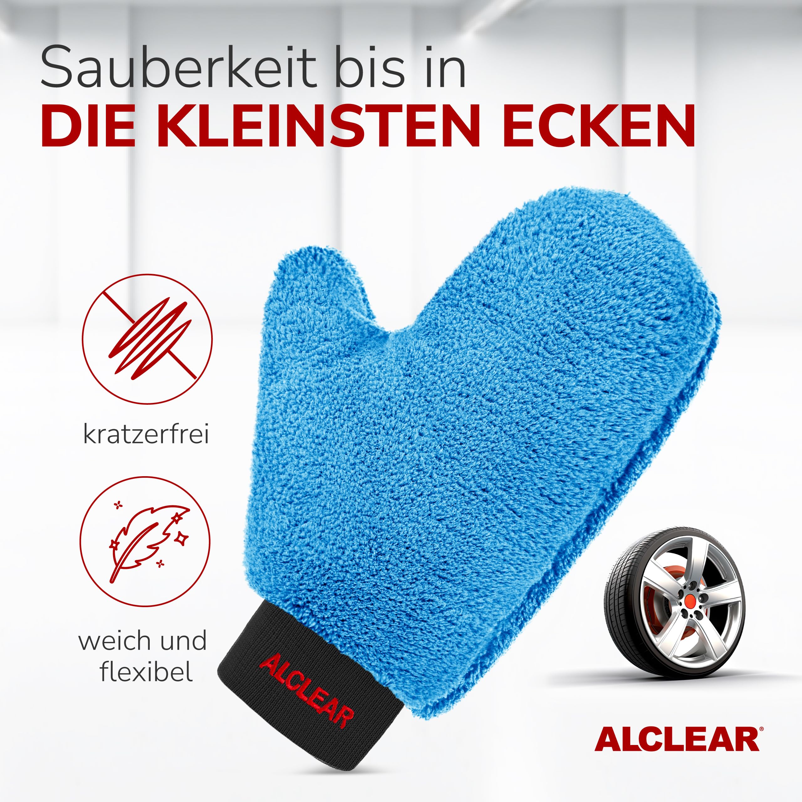ALCLEAR 950013b Mikrofaser Auto Felgenhandschuh, 26×12 cm Handschuh zur Felgenreinigung, saugstark, kratzfrei, für Alufelgen, Radkappen, Speichen Kfz Handwäsche & Pflege- Deutsche Qualitätsmarke - 2