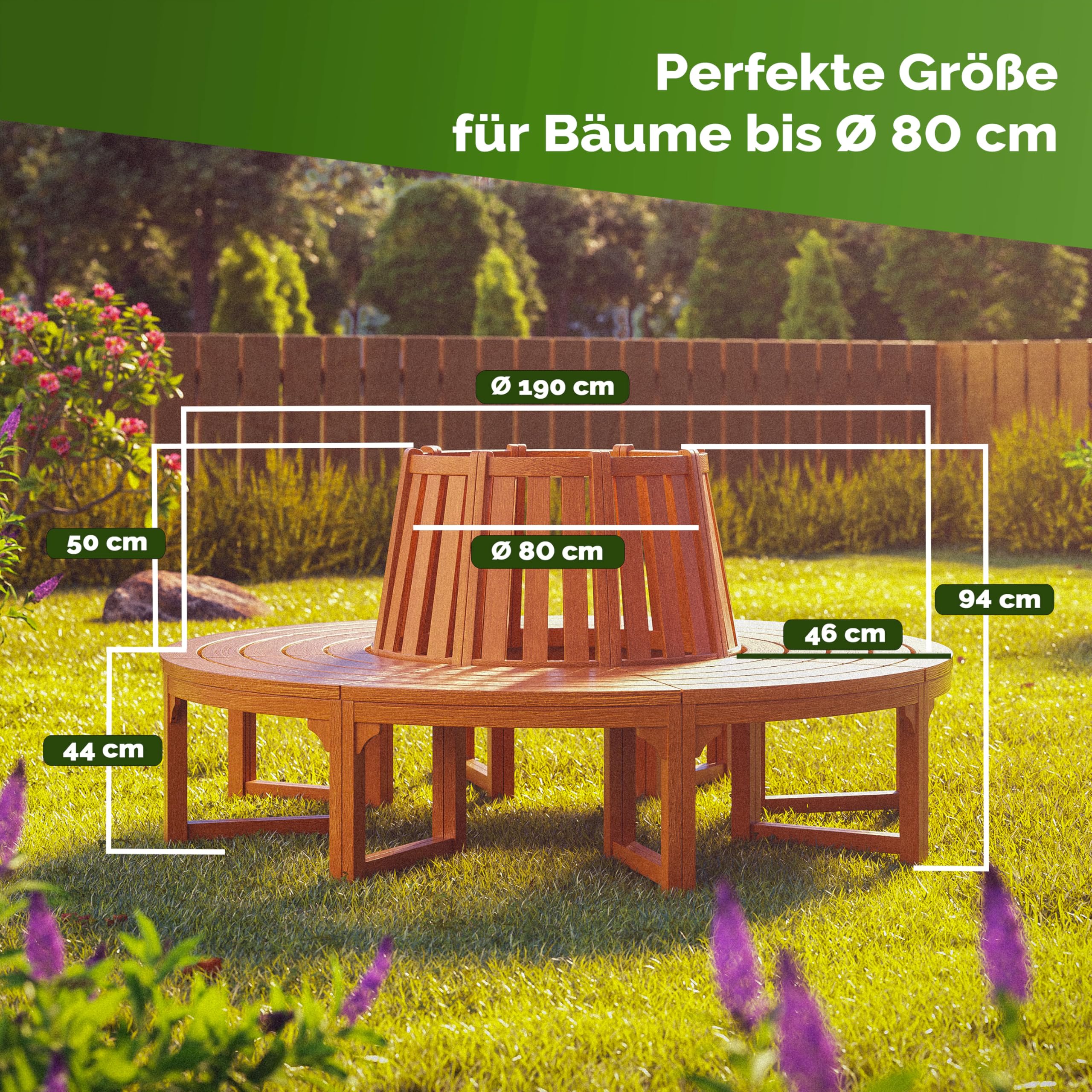 Casaria® Baumbank FSC®-Zertifiziert Wetterfest | 190x80cm, rund, Holz, 320kg Belastbarkeit, Rückenlehne, 360°, Garten, Eukalyptus, braun
