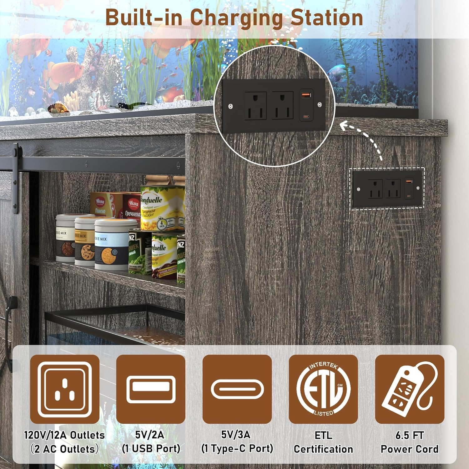 Hlivelood Farmhouse 30-40 Gallon Fish Tank Stand with Power Outlet, Aquarium Stand w/Cabinet&Sliding Barn Door, Heavy Duty Reptile Tank Stand for Fish/Turtle/Reptile Terrarium, 1000LB Capacity, Grey