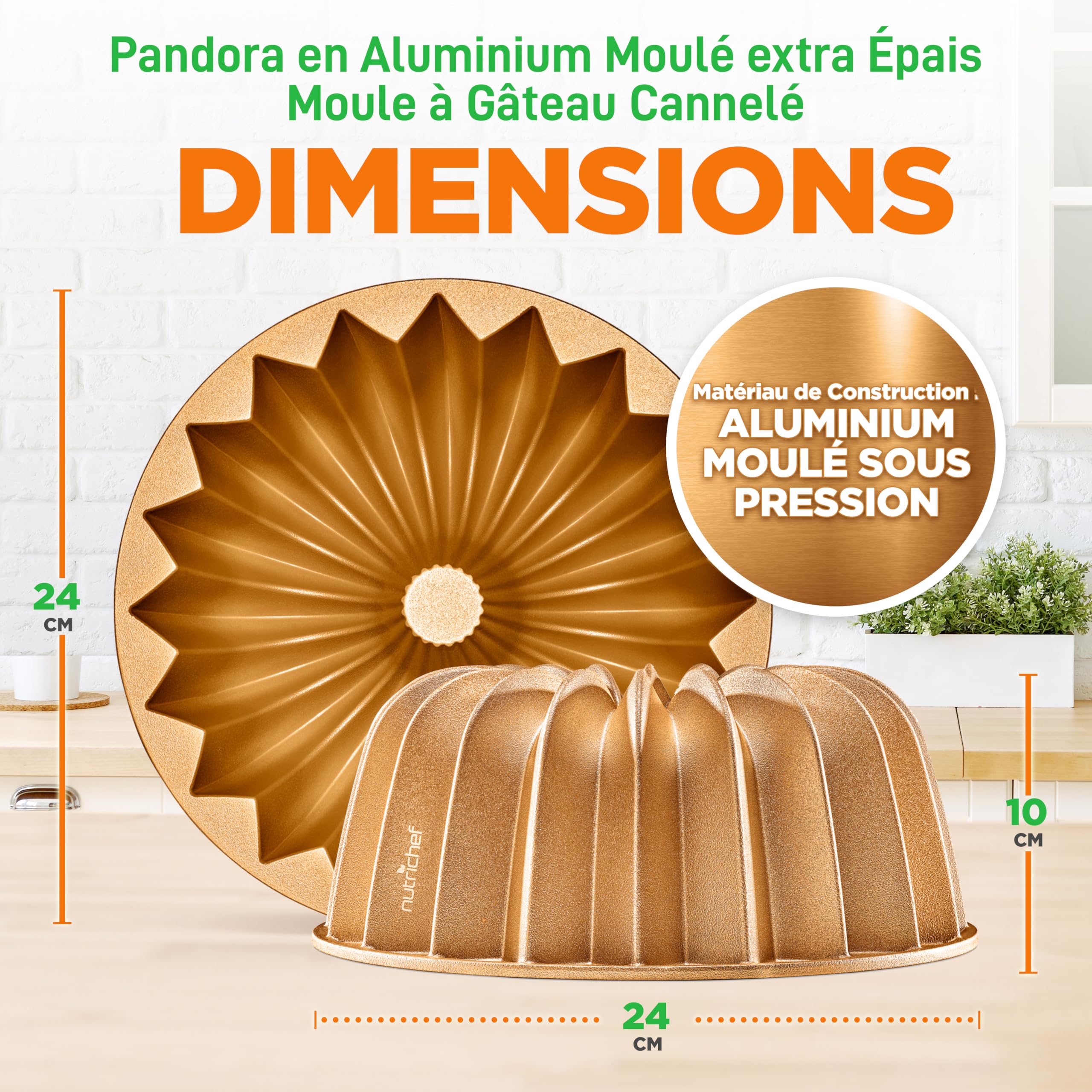 NutriChef Moule à Gâteau 23 cm – Aluminium Épais, Revêtement Antiadhésif, Lignes Acanalées, Chauffe Uniforme Jusqu’à 260 °C, Doré, Gold