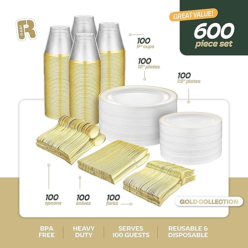 Miniatura 4 de Juego de vajilla de plástico de 600 piezas para 100 invitados, platos de plástico dorados para fiestas, juegos de platos dorados para 100 invitados,