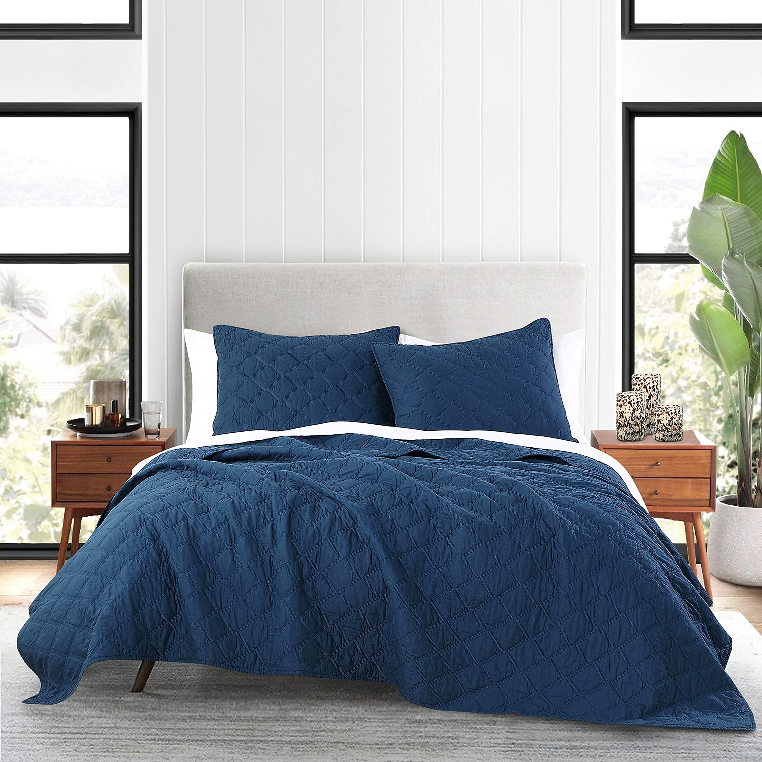 Anne Klein Classic Diamond Quilt Set, King, Navy