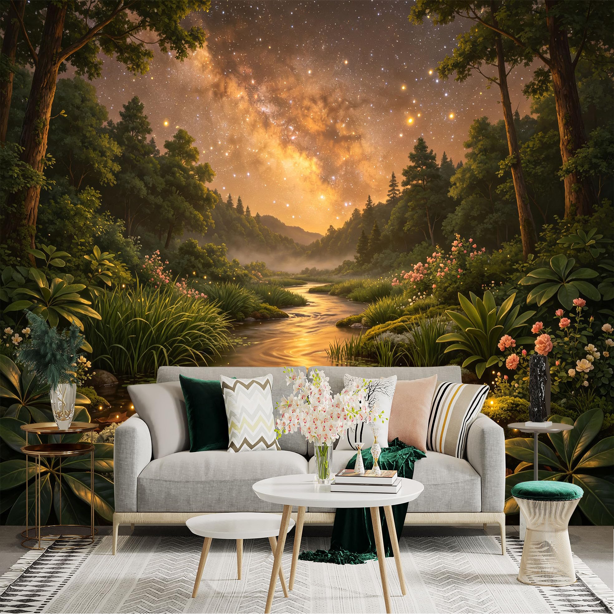 Lnzczhyre Bh260719108 Custom Size Wall Sticker Mural， Enchanted Stream In Starry Forest， Glowing Fireflies And Wild Flowers， For Wall Decoration， Peelandstick Wall Decals.