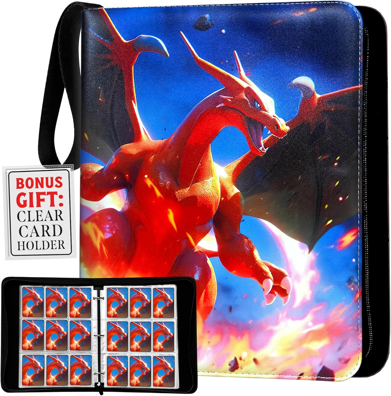 Trading Card Binder with Zipper & Handle – Holds 900 Cards, PU Leather with Velvet Liner, Includes Clear Card Holder
