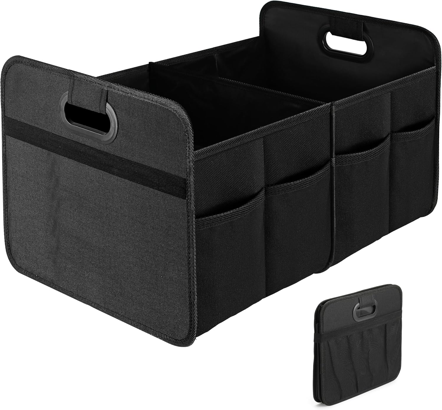 YSSOA Car Trunk Organizer, 2 Compartments Anti-slip 14″ D x 22″ W x 12″ H Collapsible Trunk Storage, 600D Oxford Polyester Car Storage, Suitable for SUV, Minivan, Truck, Black