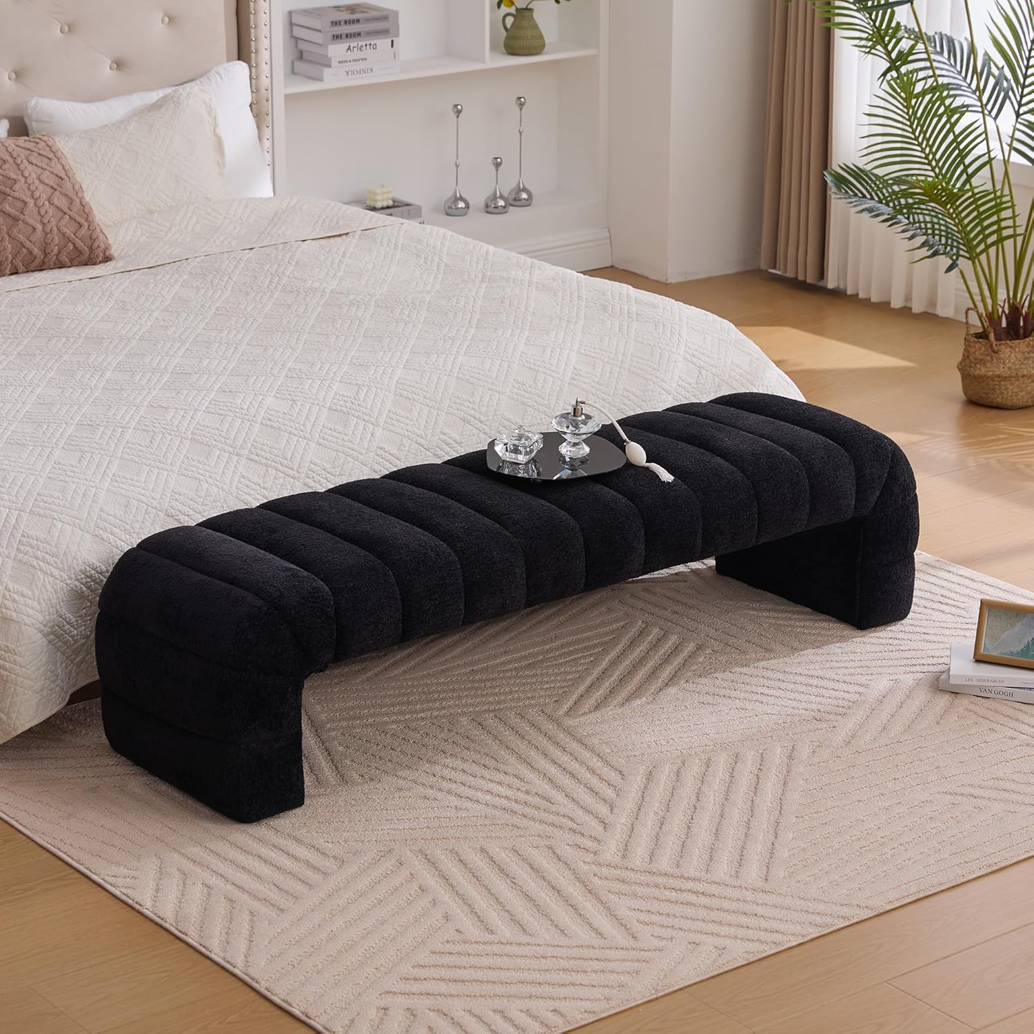 KEIKI 69.7" Modern Upholstered Armless Bed Bench, Channel Tufted Couch Daybed Chaise, Chenille Ottoman Foot Stool, Window Seat for Living Room and Bedroom, Entryway, Black