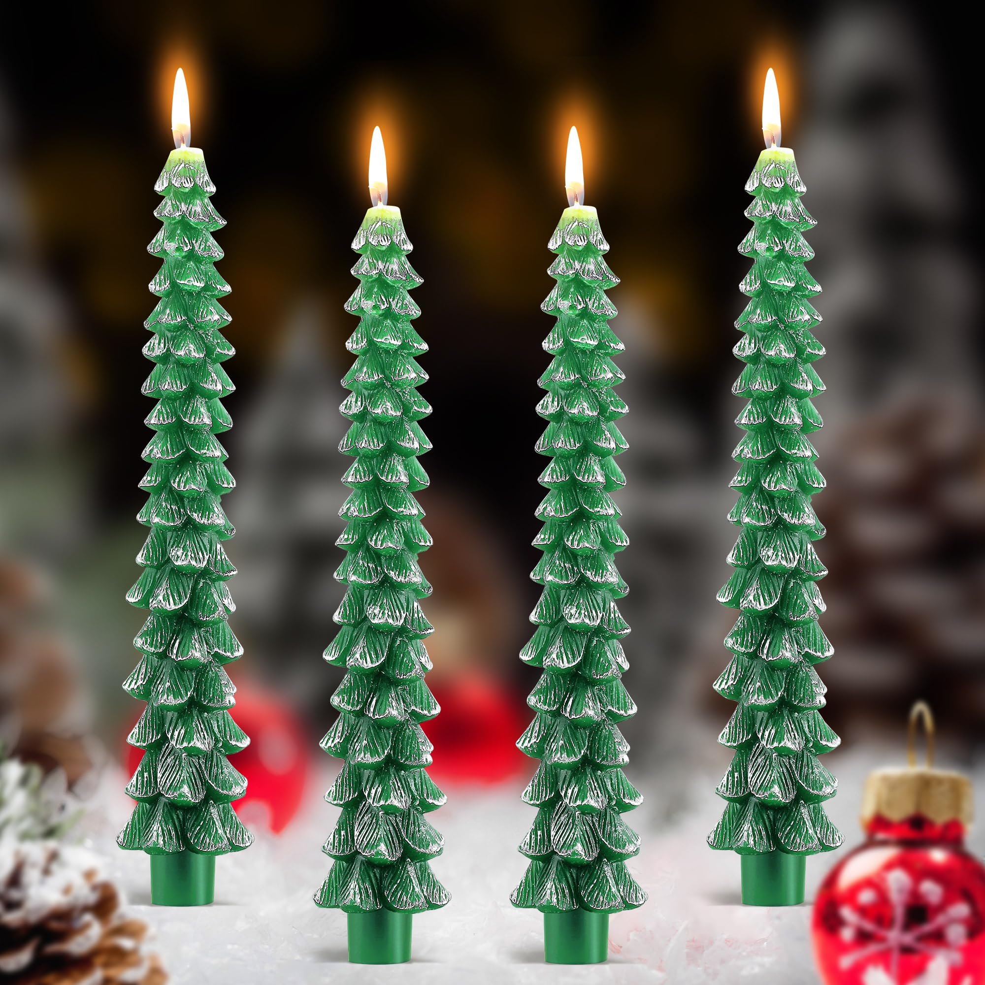 4 Pack Christmas Tree Candles, 10 Inch Unscented Tree Shaped Taper Candles Decorative Christmas Beeswax Candle for Xmas Holiday Decor, Party Banquet Centerpiece Decoration (Green with Silver Trim)