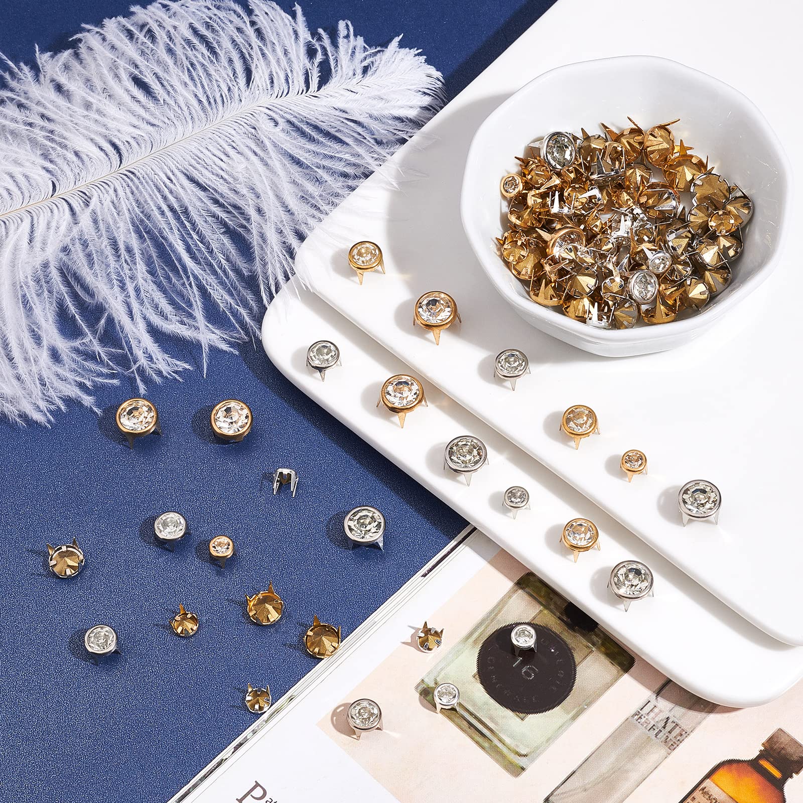 WADORN 180pcs Rhinestone Claw Beads Nailhead, 6/8/10mm 2 Colors Crystal Claw Nailhead Rivets Punk Spikes Decorative Rivets Metal Spikes Rivets Studs for DIY Leather Craft Making Purse Cloth Shoes Belt