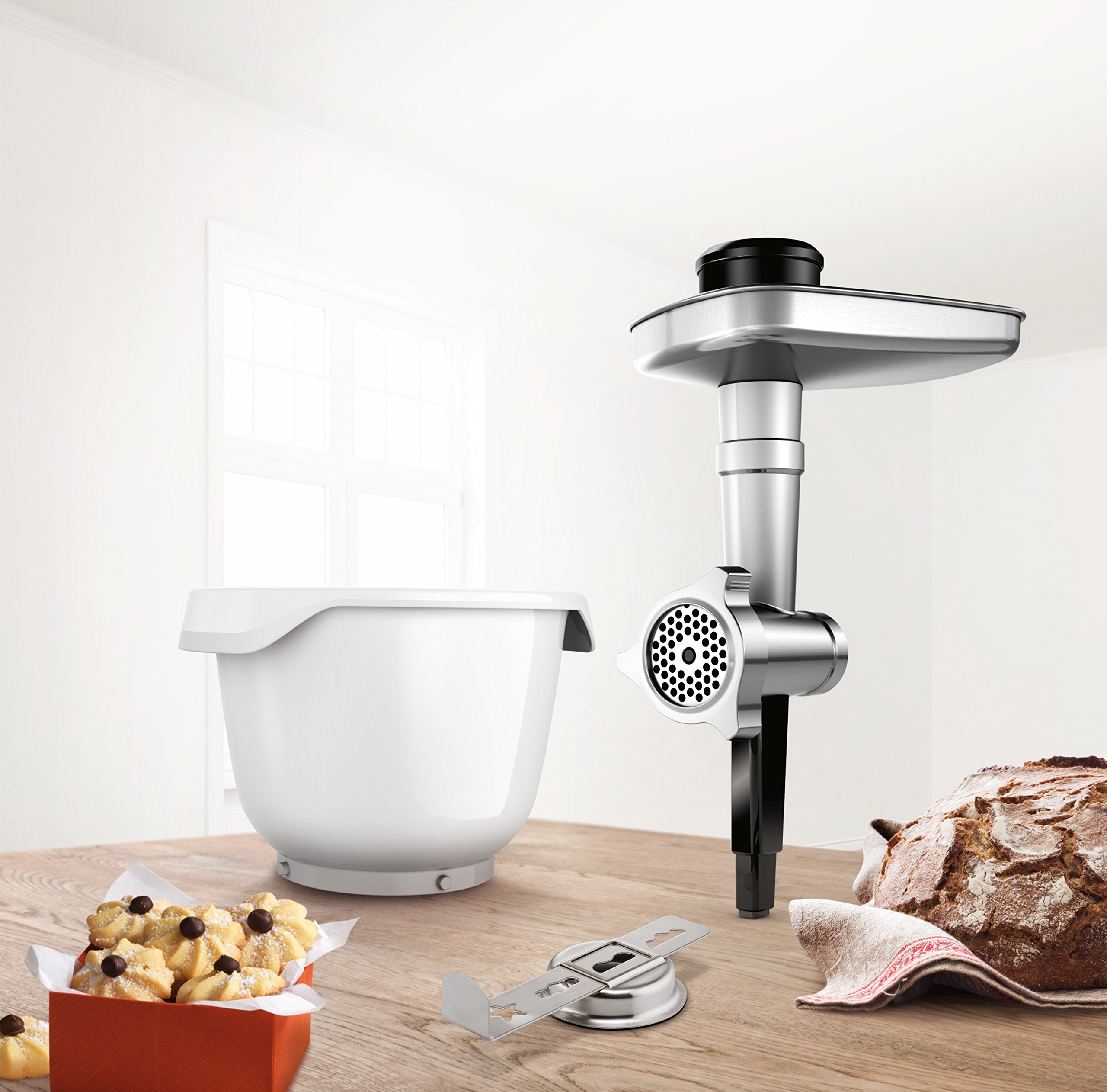 Bosch BakingSensation MUZ9BS1 zestaw akcesoriów, maszynka do mięsa, miska z tworzywa sztucznego, nakładka na ciastka, tarcza z otworami ze stali nierdzewnej, oryginalne akcesoria, pasuje do robota