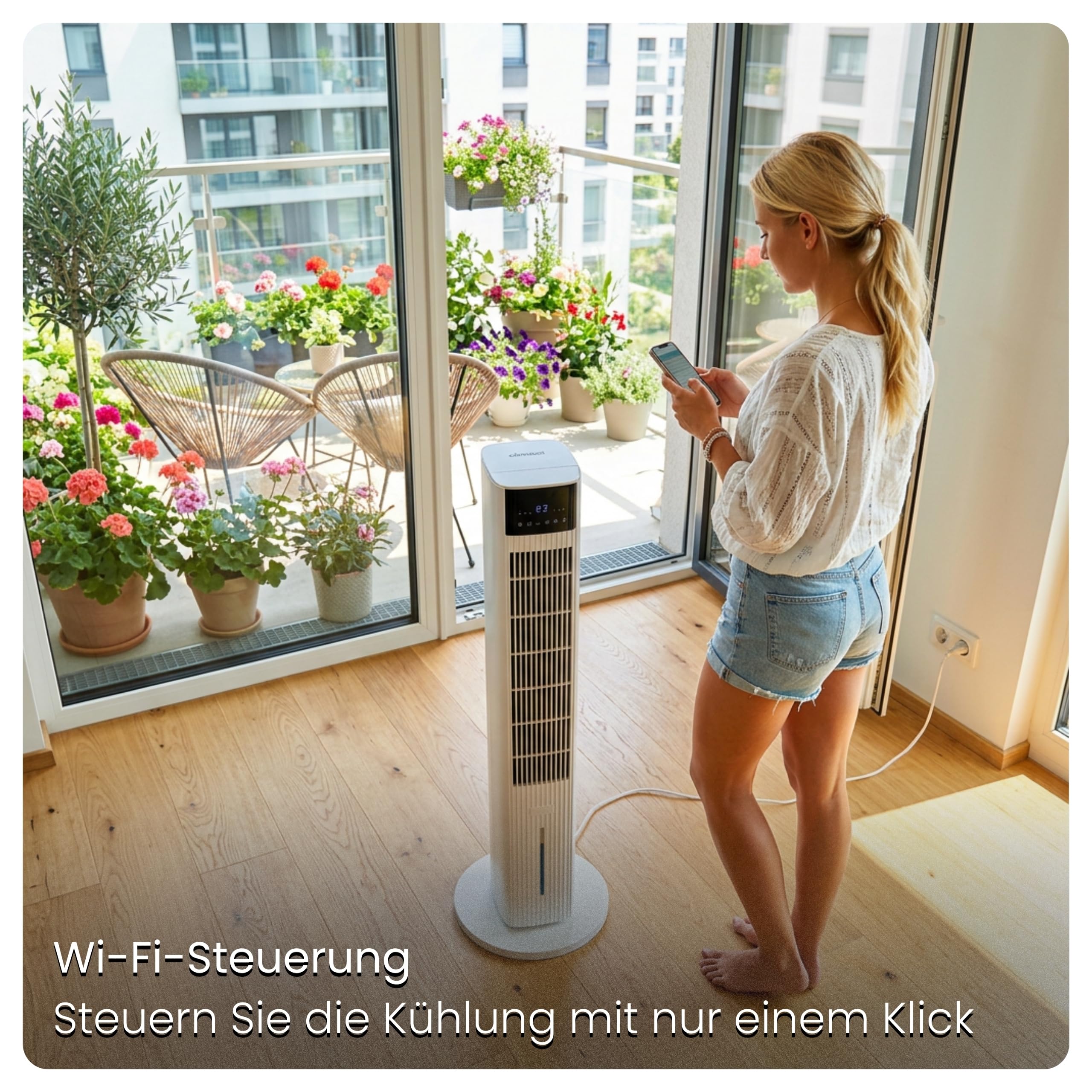 Ventilator mit Wasserkühlung CoolAir, WiFi, 5L, 2x Kühlakkus, 65W, Oszillation, Cooler Fan, Verdunstungskühler, Turmventilator mit Kühlung, Luftkühler, Standventilator, Raumkühler