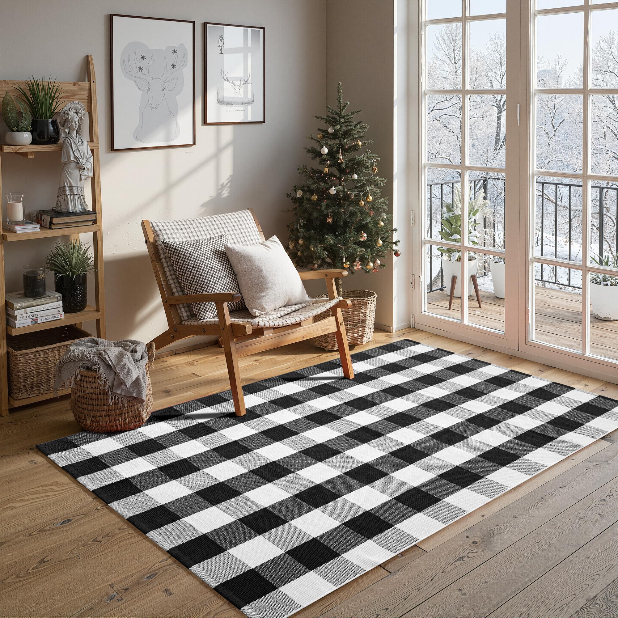 joybest Buffalo Plaid Rug 4 x 6 ft Black and White Checkered Area Rug Cotton Hand-Woven Indoor Outdoor