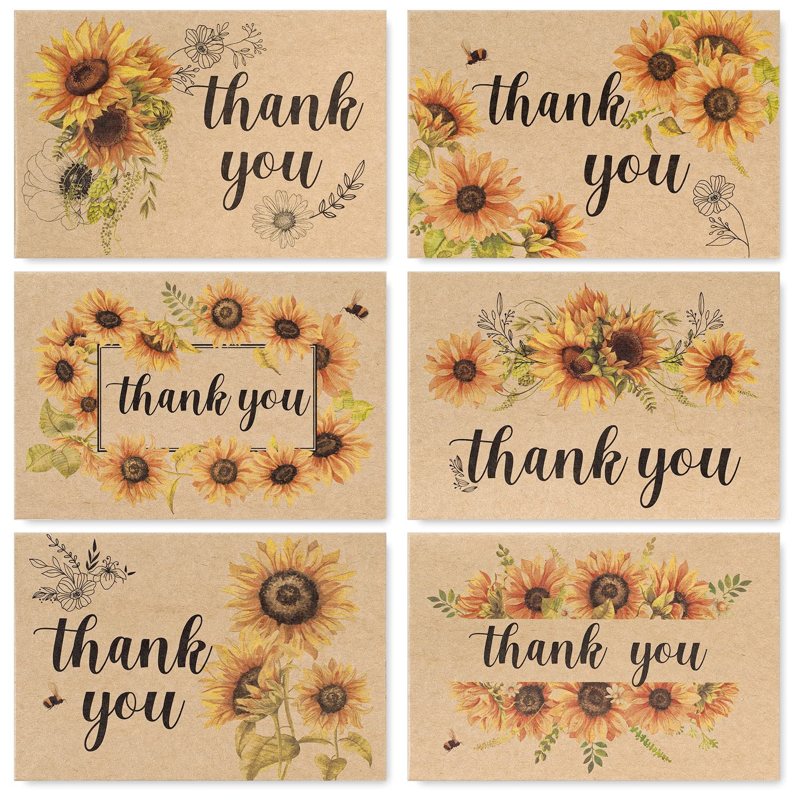 AnyDesign 36 Pack Kraft Sunflower Thank You Cards Assortment Bulk Spring Summer Flower Blank Note Cards with Envelope Stickers Floral Thank You