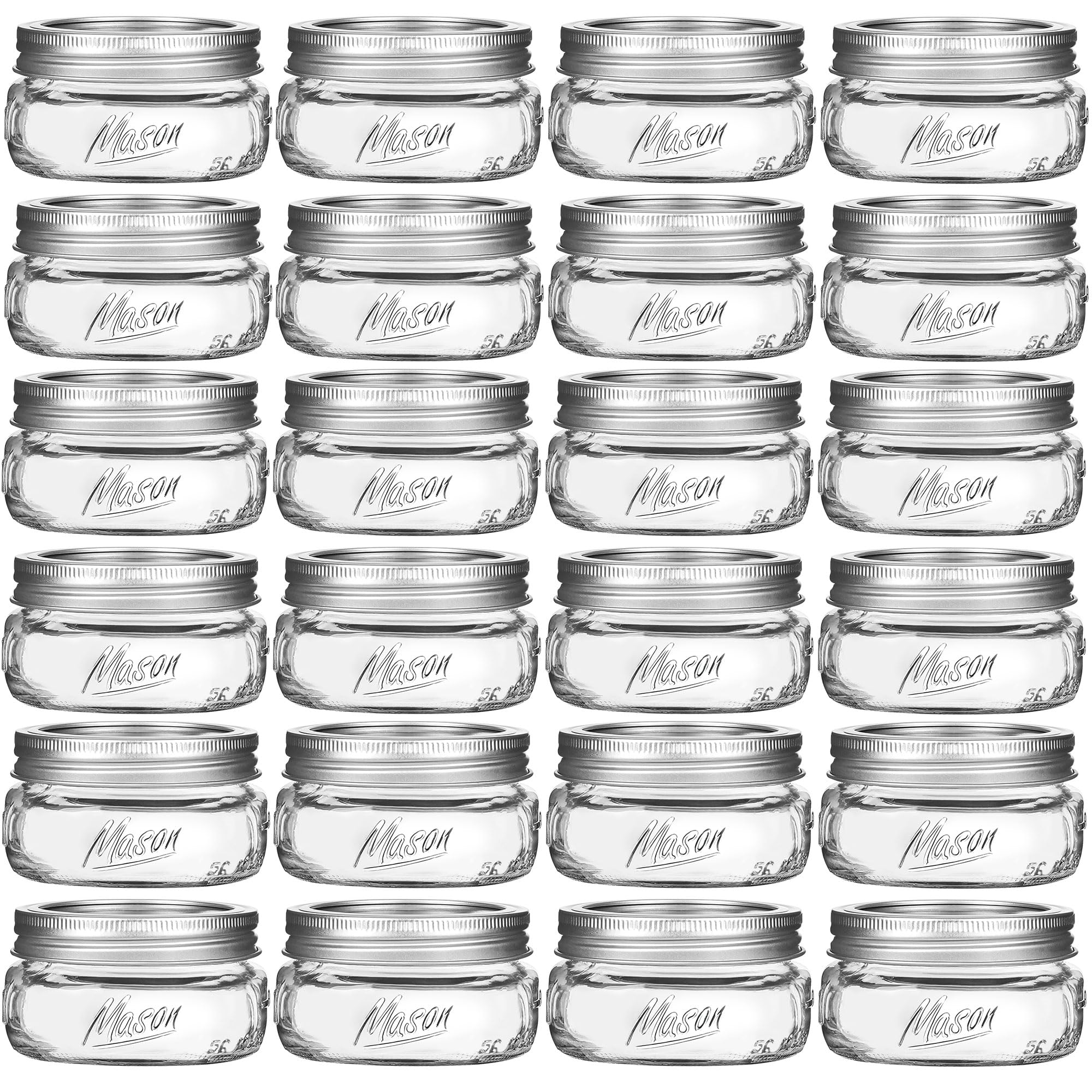 24 Pack Mason Jars 8 oz - Wide Mouth Mason Jars with Silver Metal Airtight Lids and Bands, Glass Canning Jar for Canning, Pickling, Preserving, Jam, Honey, DIY Decor, Shower Favors