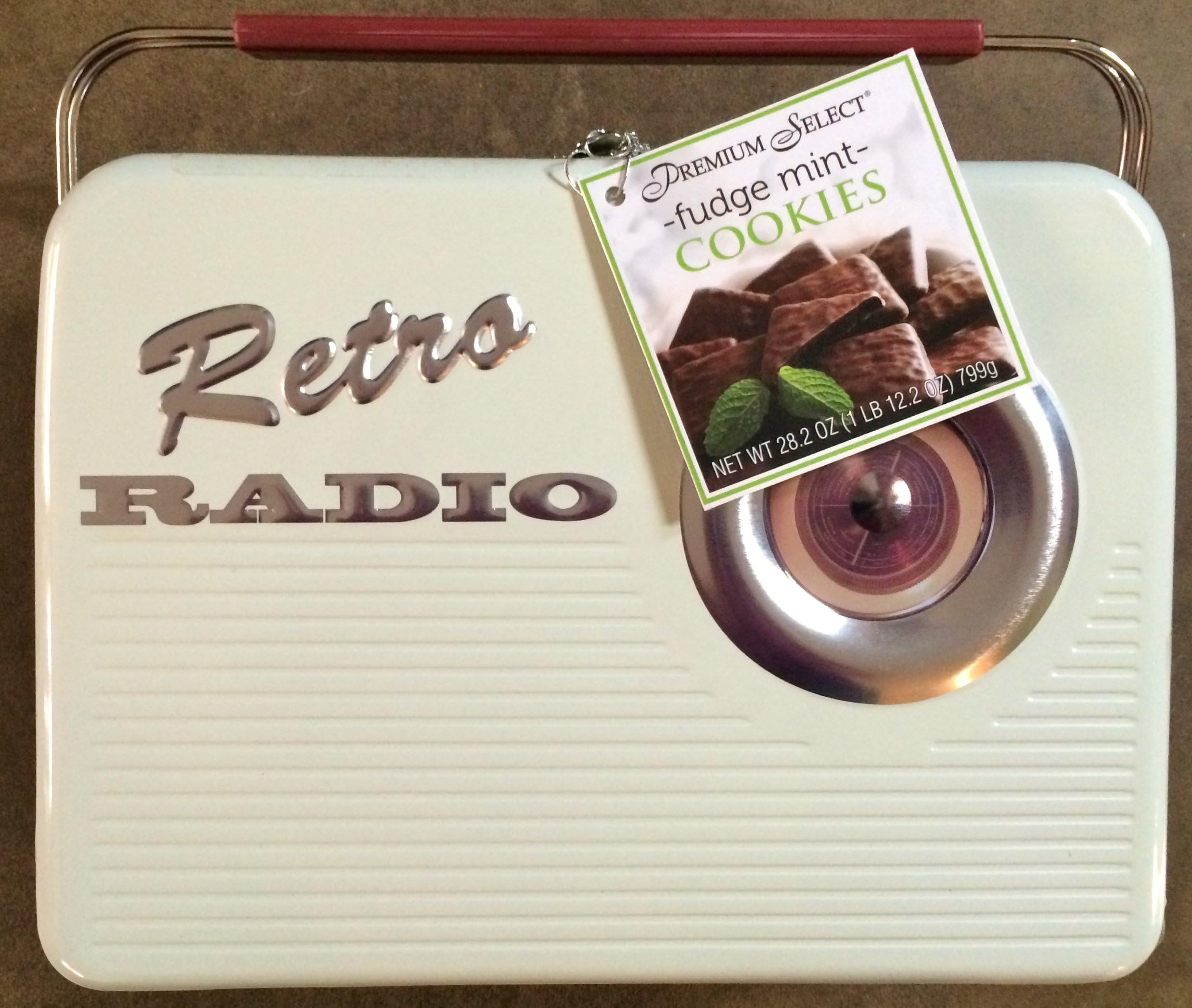 Retro Radio Collectable Cookie Tin with Handle and filled with 1 lb 12.2 oz of Chocolate Fudge Mint Cookies (Brown/Ivory) by Premium Select