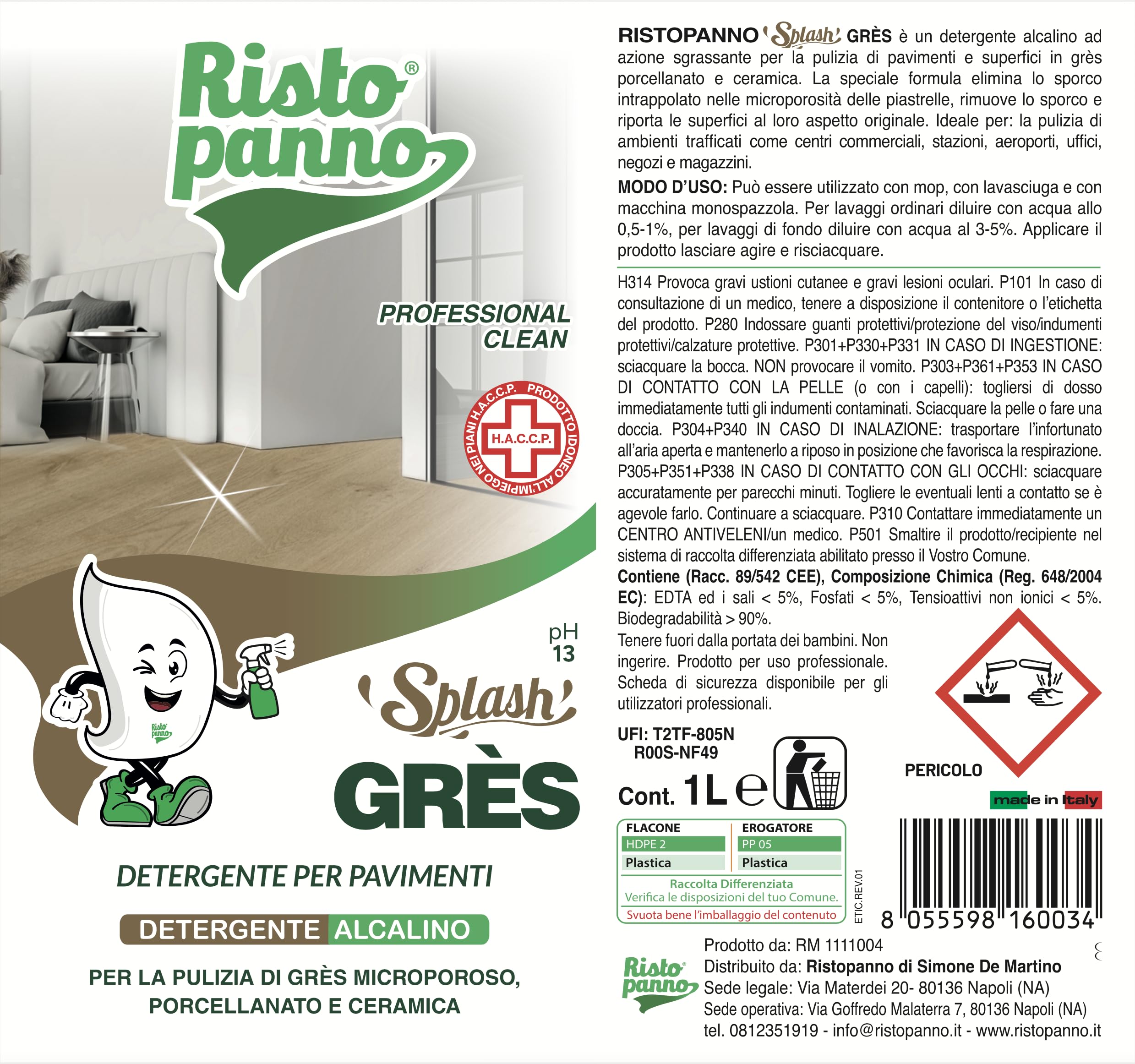 4PZ x 1L Lavapavimenti Professionale Alcalino - Formula pH 18 | Detergente per Grès Porcellanato e Ceramica - Azione Sgrassante - Uso Manuale e Lavasciuga - Prodotti Pulizia SPLASH GRES