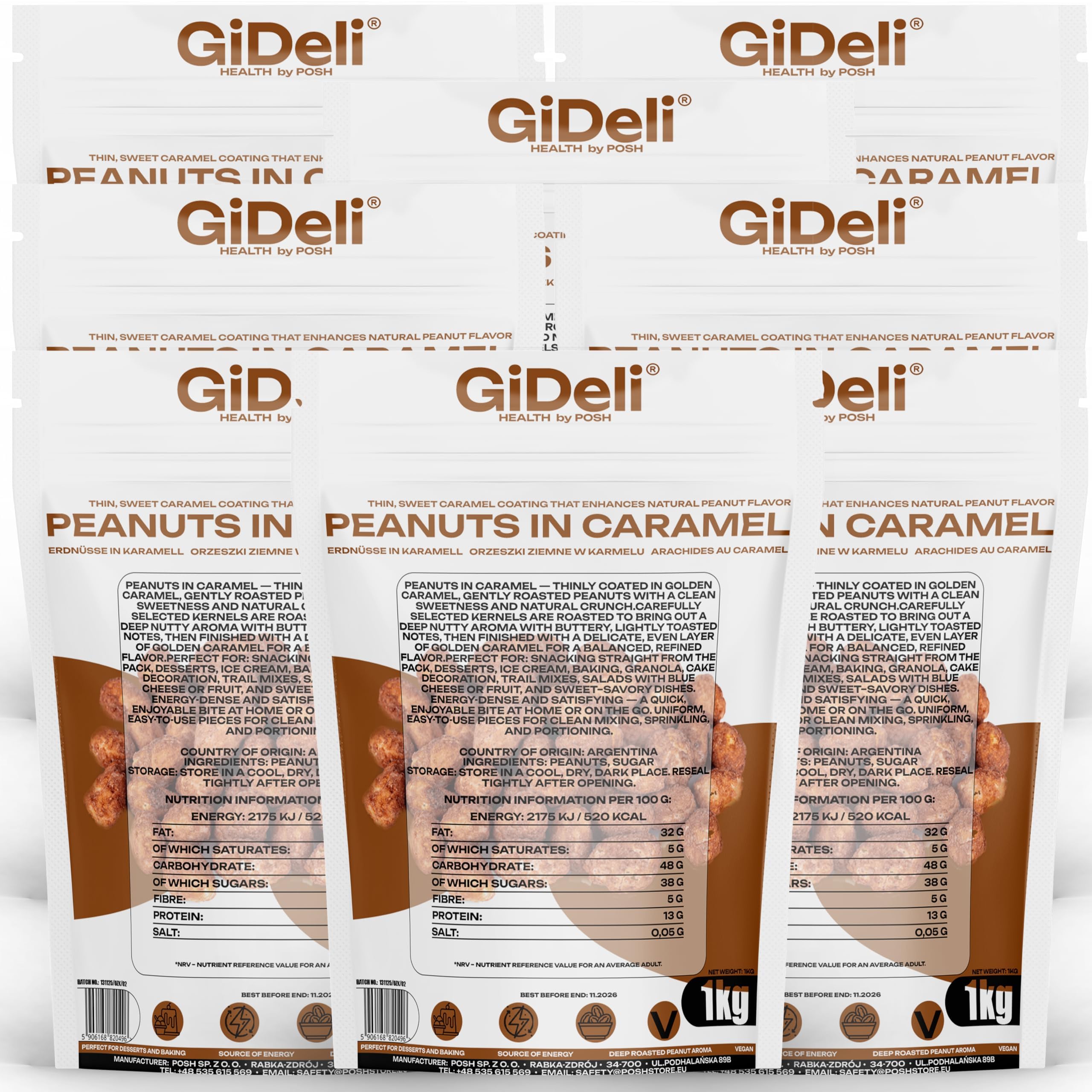 GiDeli Cacahuetes Garrapiñados 8 x 1 kg - Caramelizados en Bolsas Doypack