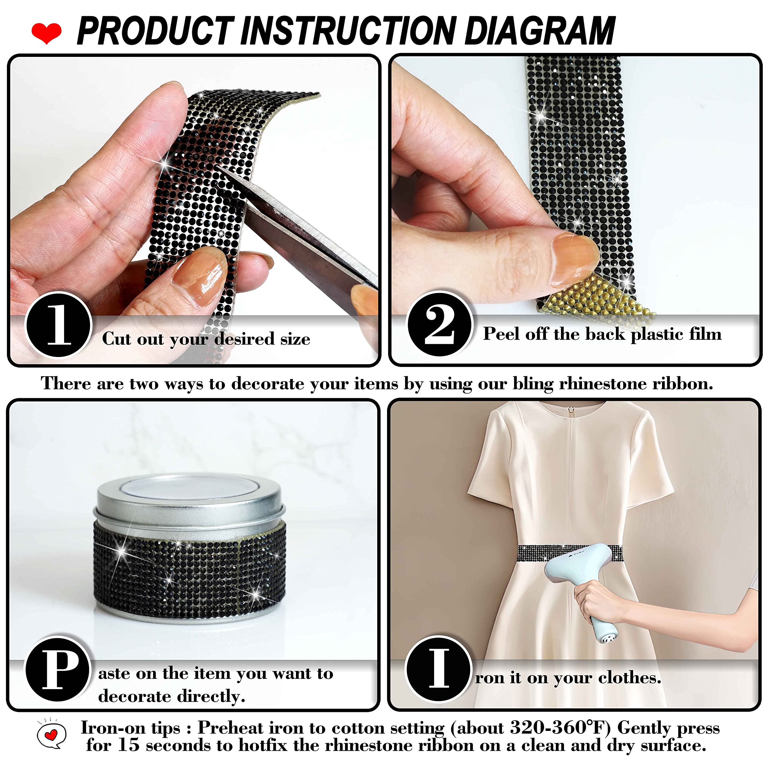 Locacrystal Bling Crystal Rhinestone Ribbon Self-Adhesive Iron-on DIY Glitter Diamond Stickers for Crafts Cars Clothing Decoration(1.06inch 3Yards Black)