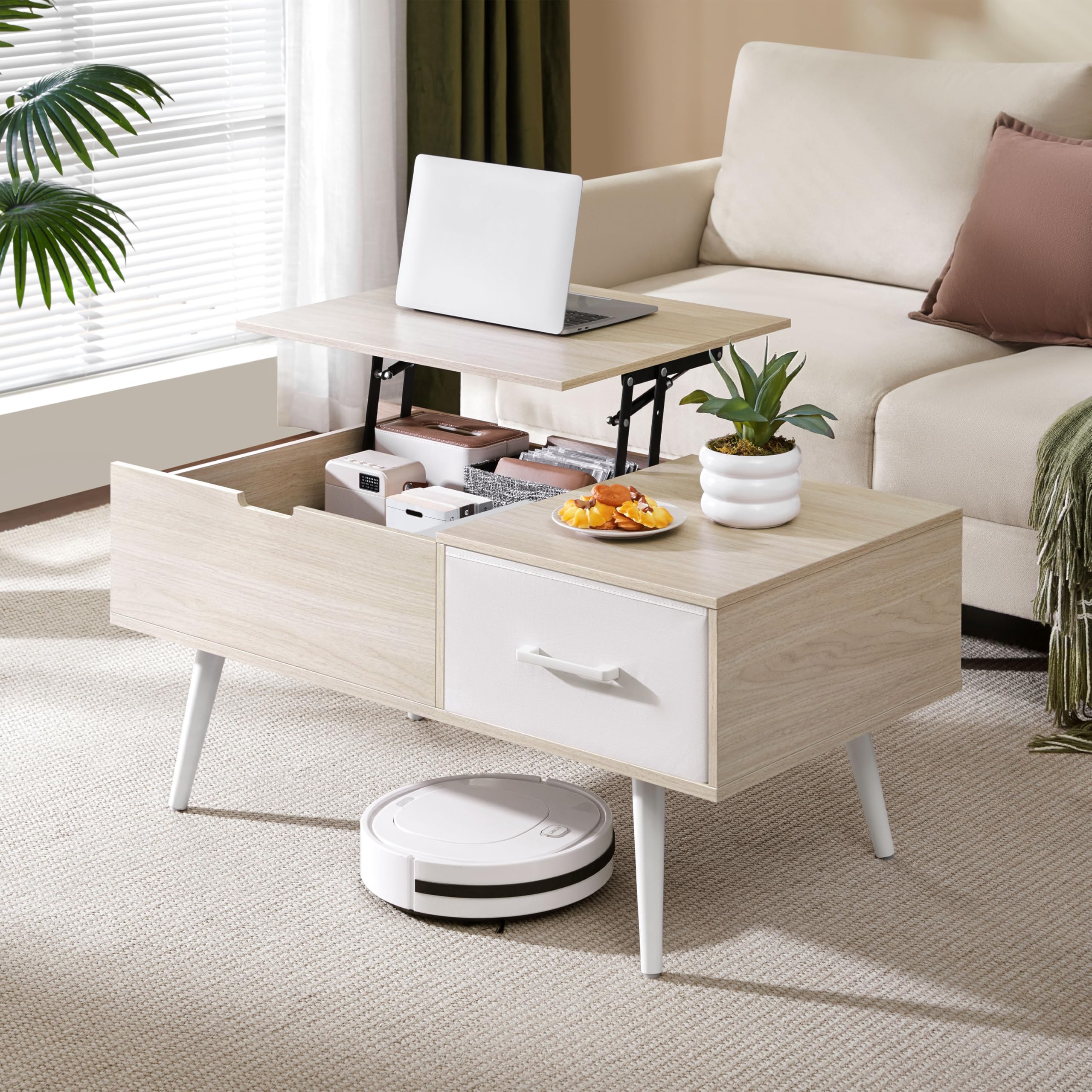 Yaheetech Tavolino da Salotto Sollevabile, Tavolino da Caffè Contenitore in Legno con Piano Rialzabile, Scomparto Nascosto e Cassetto, per Divano Soggiorno, 100 × 50 × 45,5-59 cm, Legno Chiaro