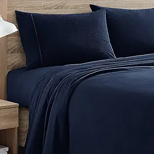 Flannel Sheets Warm and Cozy Deep Pocket Breathable All Season Bedding Set with Fitted, Flat and Pillowcases, Full, Navy (Pack of 8)