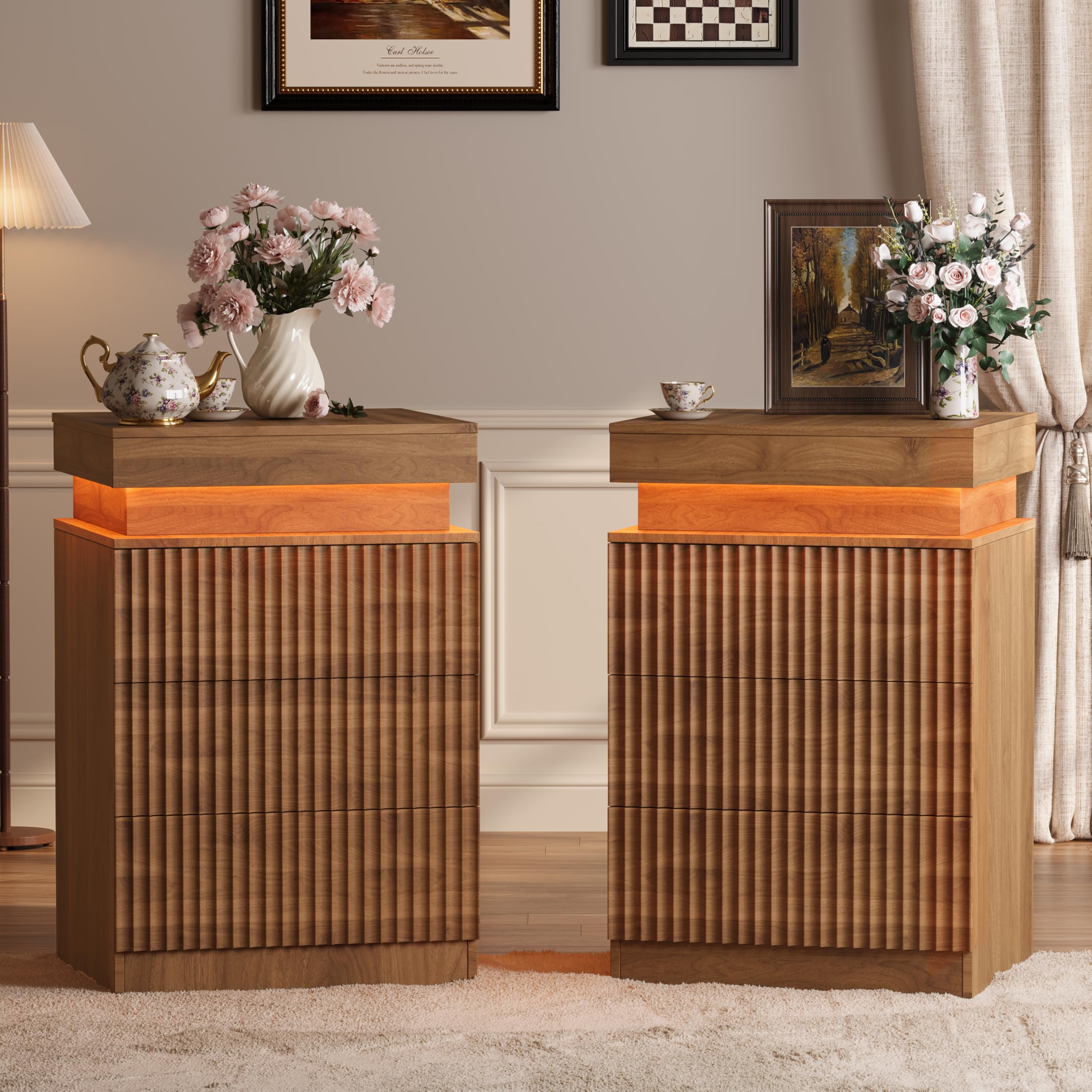 Nightstand Set of 2 for Bedroom, LED Nightstand with 3 Drawers and Charging Station, Mid Century Modern Fluted Nightstands, Bedside Tables &amp; End Tables, Walnut