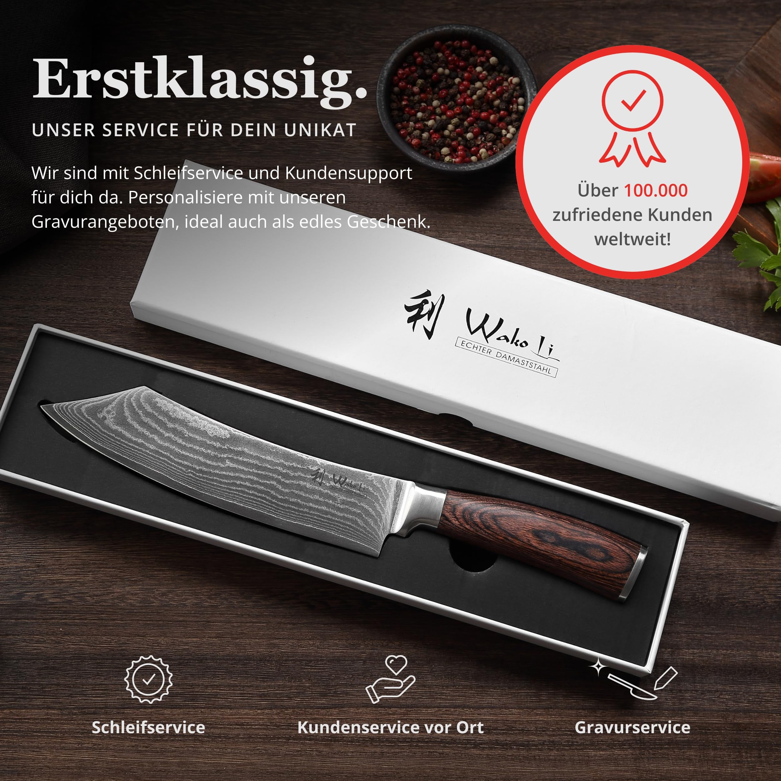 Wakoli EDIB BBQ Blockmesser 20 cm aus 67 Lagen Damaststahl mit VG10-Kern