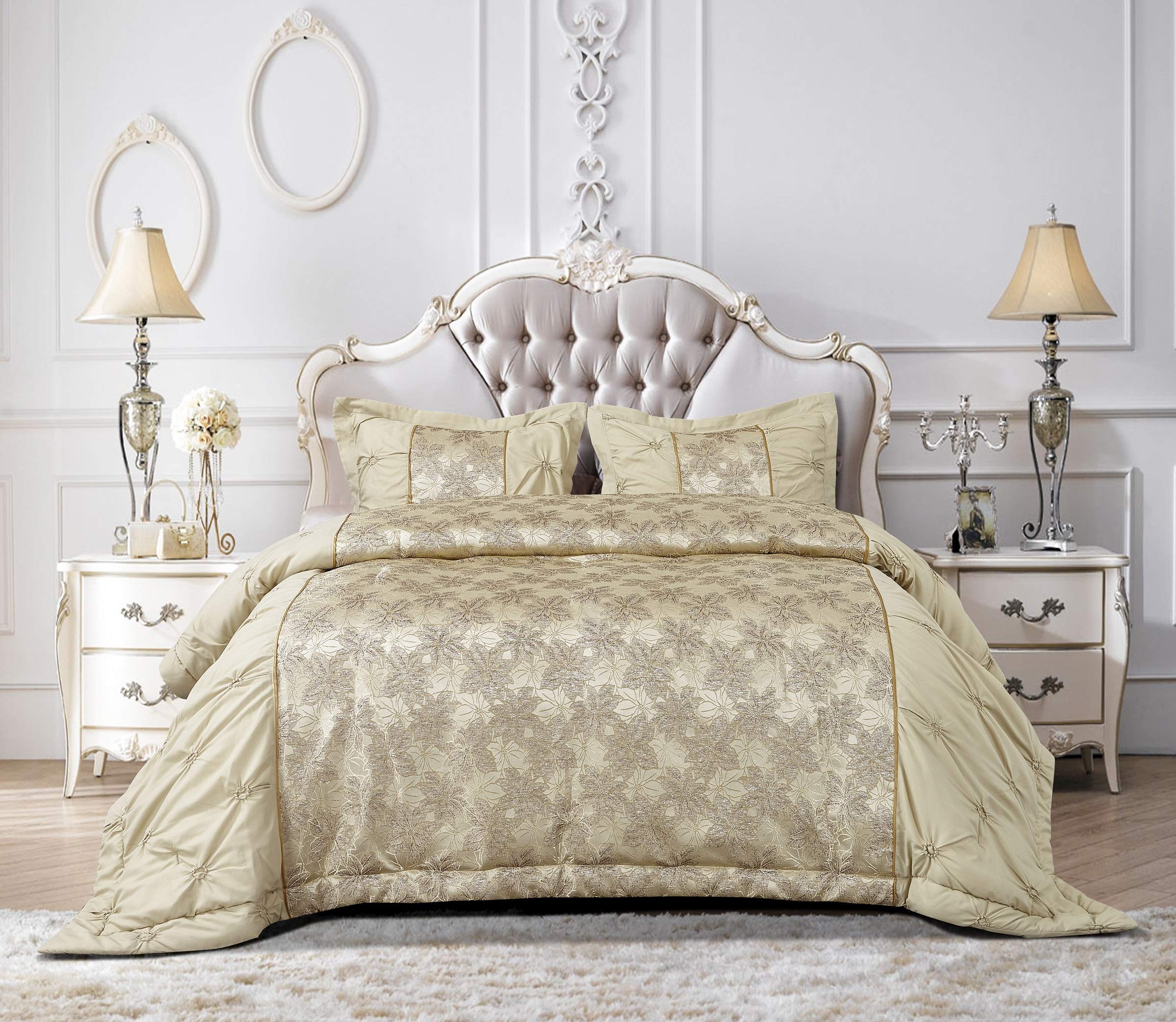 Thl Maya-Gold Bedspread Set 3 Piece Comforter Jacquard Quilted Bed Throw With Pillow Shams (, Double)