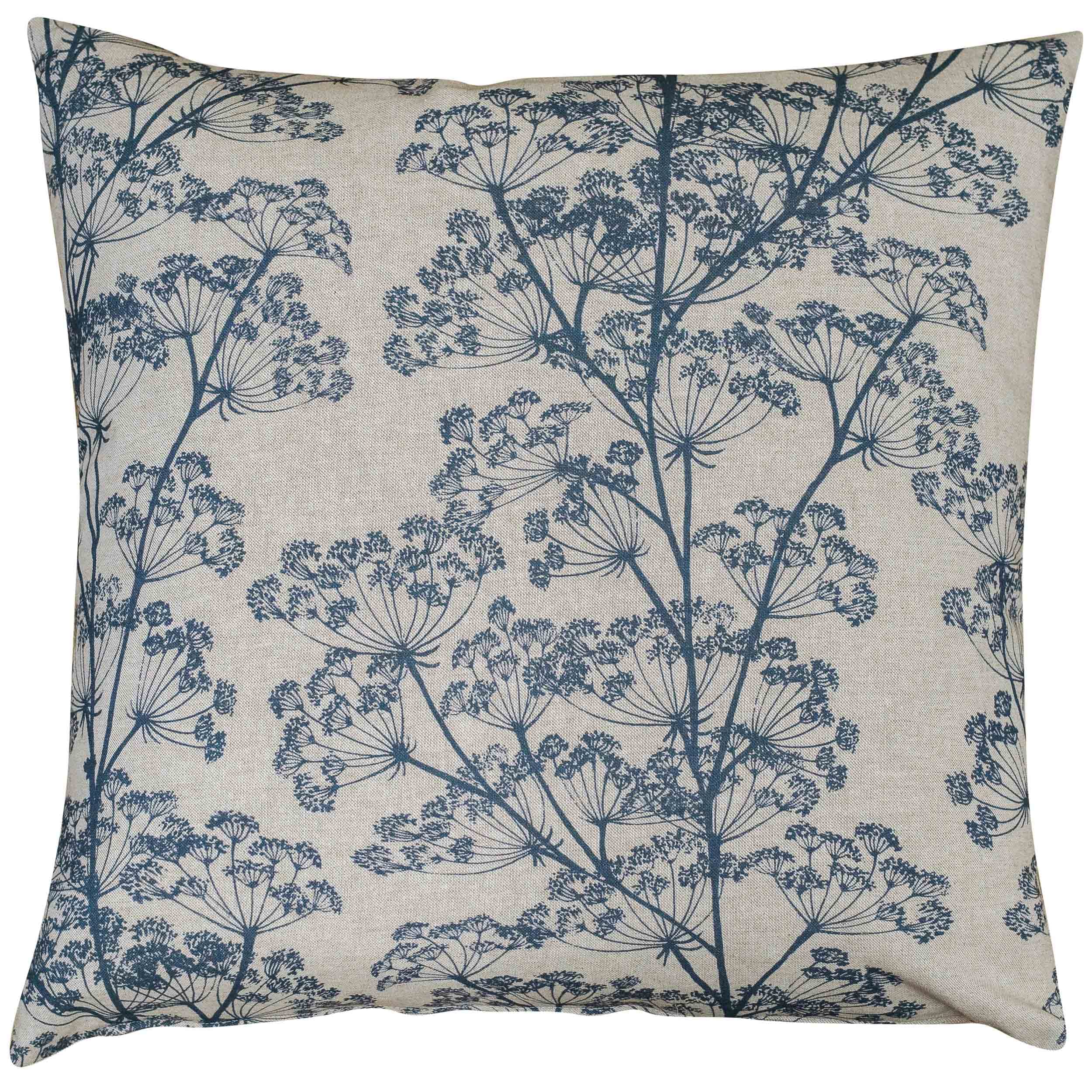 Linen Loft Cow Parsley Extra-Large Cushion Cover in Denim Blue and Natural Beige. Cottagecore Botanical Leaves & Flowers Design. 23x23 Cushion Cover Only