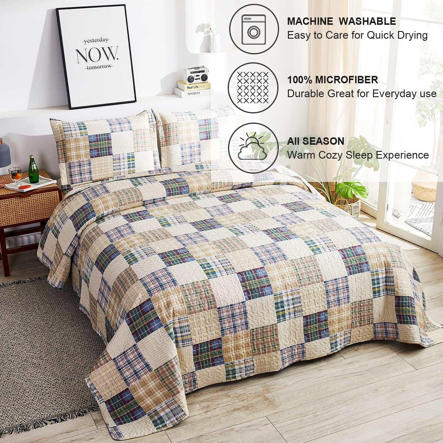 Ycosy Beige Plaid Quilt Set Full/Queen Size Patchwork Quilts Bedding Plaid Reversible Bedspread Coverlet Soft Lightweight Bed Cover Set All Season,1 Quilt 2 Pillow Shams - Image 2