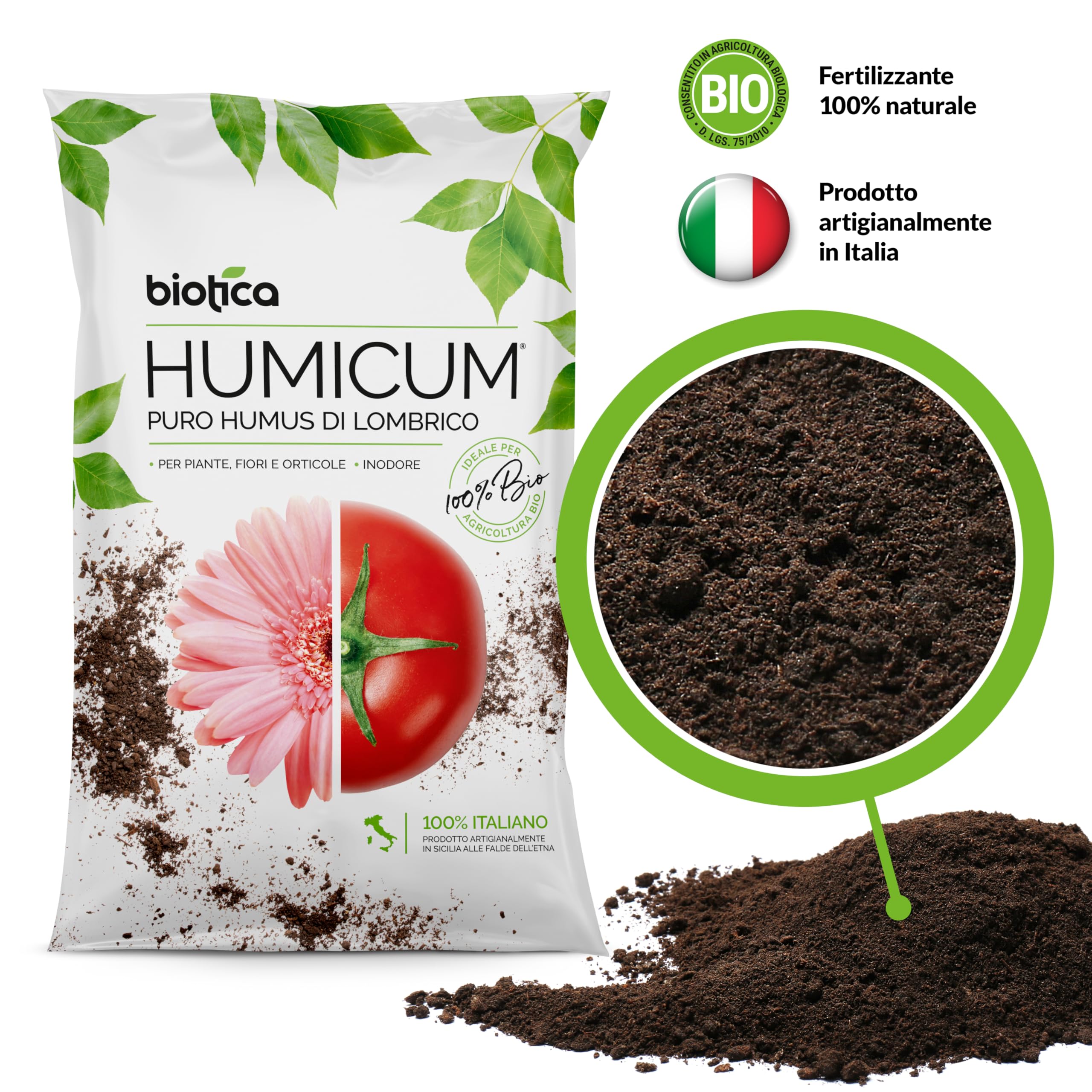 BIOTICA Humus di lombrico 100% biologico italiano HUMICUM - 25 Litri - Fertilizzante Naturale, Terriccio, Concime per Piante, Fiori e Orto