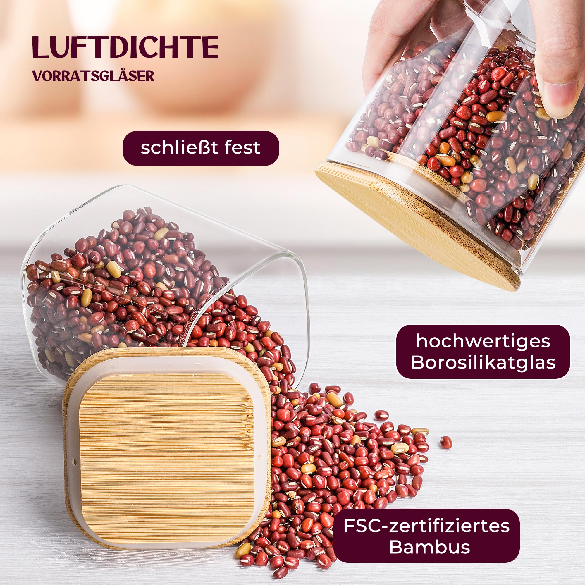 Premium Vorratsgläser eckig [400 & 920 ml] Extra Robust | Vorratsdosen Glas mit Deckel | Vorratsbehälter | Vorratsgläser mit Deckel luftdicht | Vorratsglas mit Holzdeckel | Glass Jars
