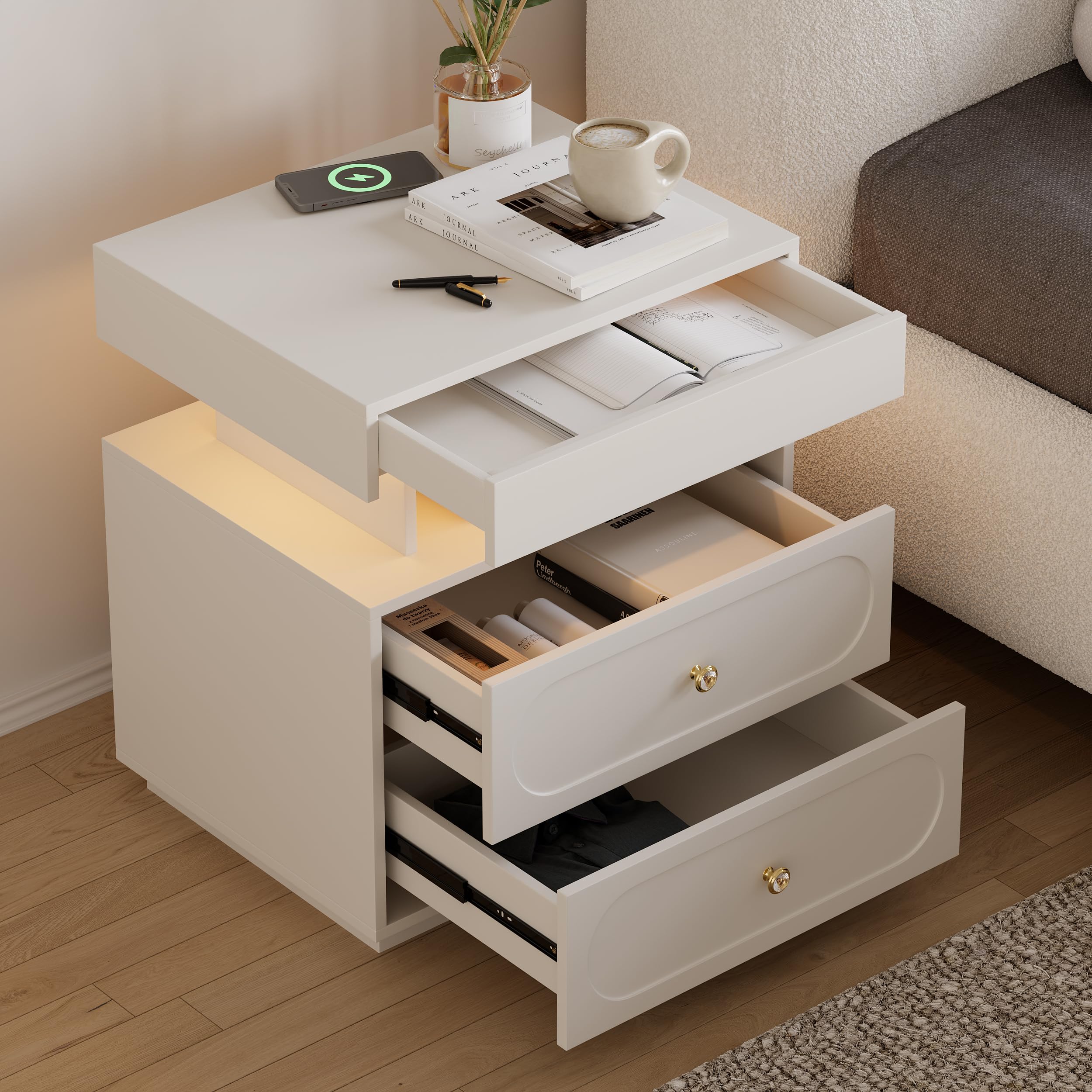 Homary Schwebender Nachttisch mit LED & Ladefunktion – Moderner Nachtschrank mit 3 Schubladen, USB, Typ-C und Steckdosen für Schlafzimmer, Weiß