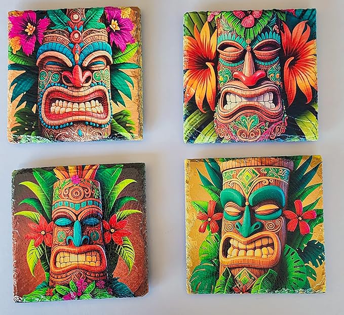 Tiki Bar Coasters for Drinks (Set of 4) | Natural, Stone-Slate Protectors for Fun & Adventure-Filled Drinks | Hawaiian Coasters for Indoor & Outside Tiki Bars, 4x4” Each Tiki Bar Decor