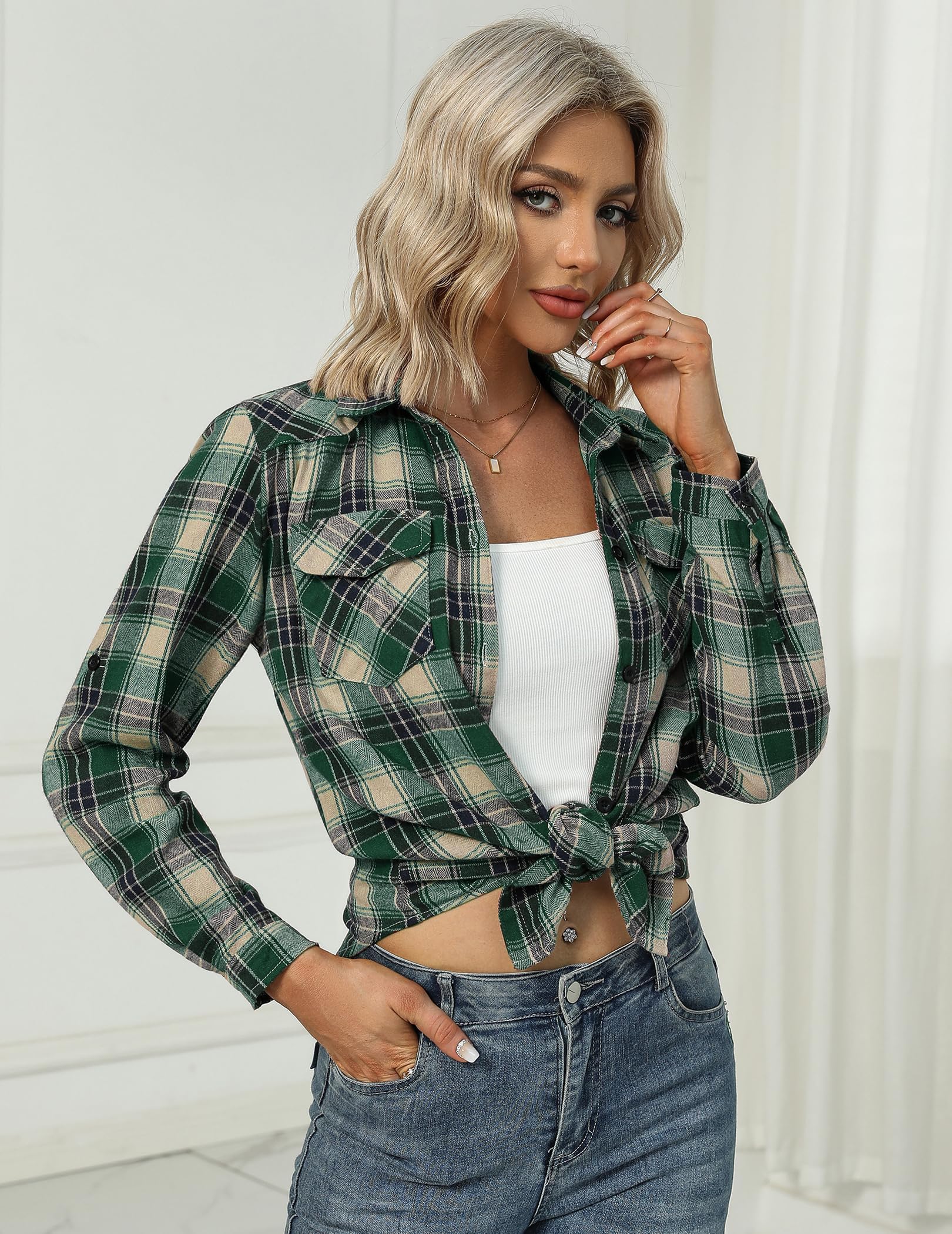 UNibelle Femme Chemisier Long à Carreaux Robe Tunique Ceinture Chemise en Lin et Coton Haut Top Blouse Grande Taille Blanc et Noir XL
