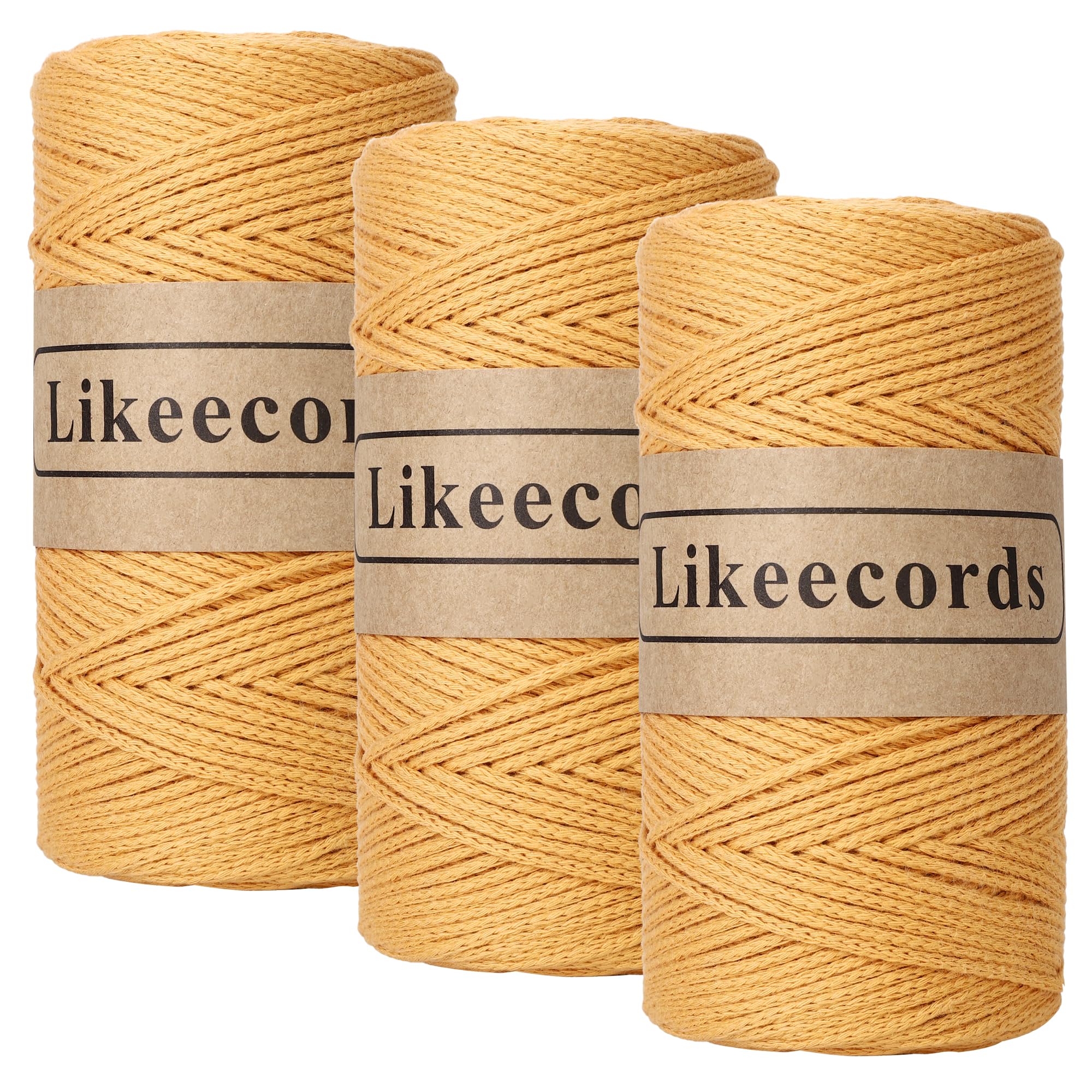 Likeecords 100% Cotton Crochet Yarn for Bag,3 Rolls/Pack 2mm x 510m,Macrame Cord,Chunky Yarn for Crocheting Handbag, Purse,Blankets Crafts Projects (Yellow)