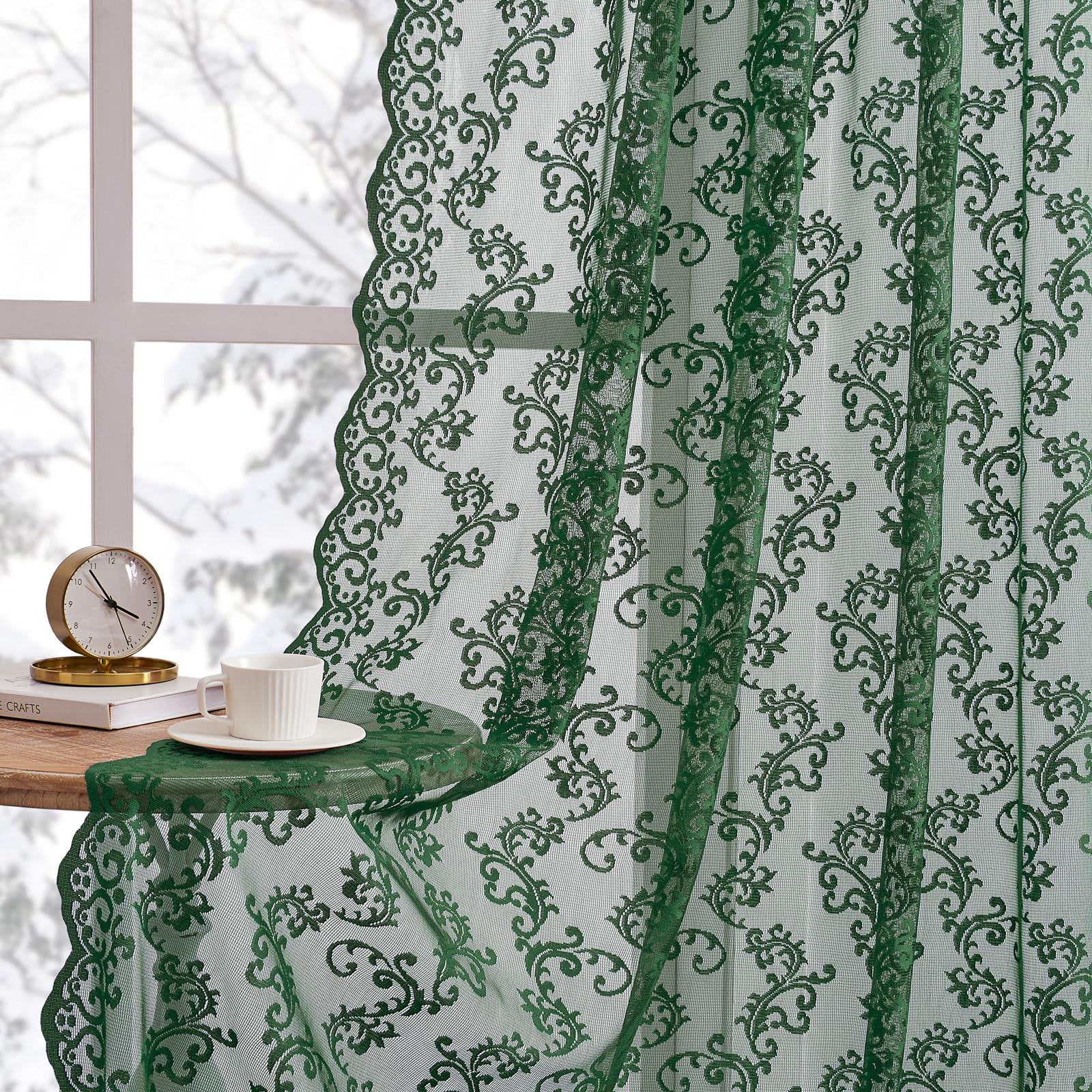 Dark Green Lace Curtains 72 Inches Long 2 Panels Country Vintage Sheer Lace Curtains for Living Room Bedroom Rod Pocket Light Filtering Romantic Window Privacy Decor Paisley Neutral Drapes, 52x72